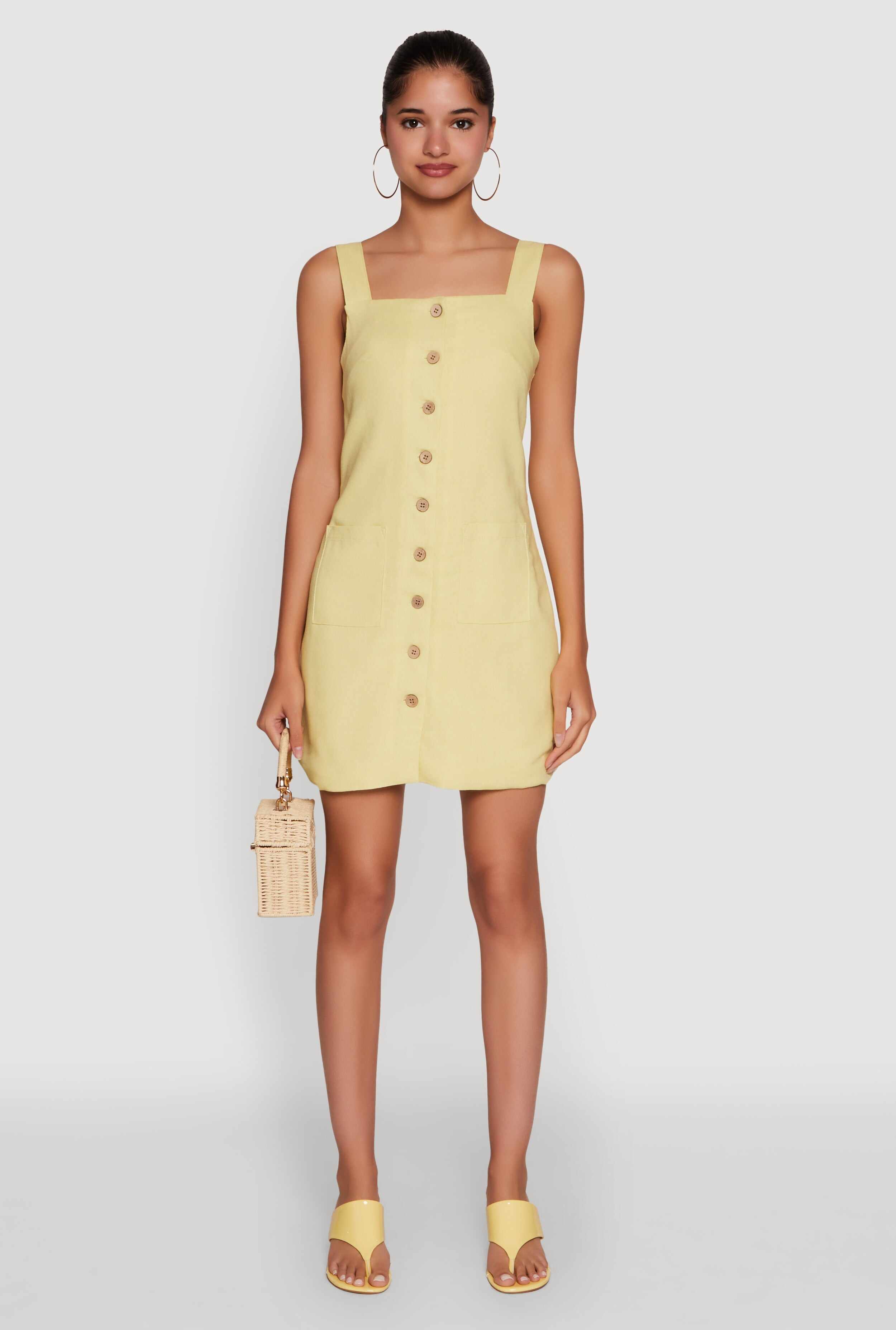 Trendy Linen Button Front Square Neck Dress