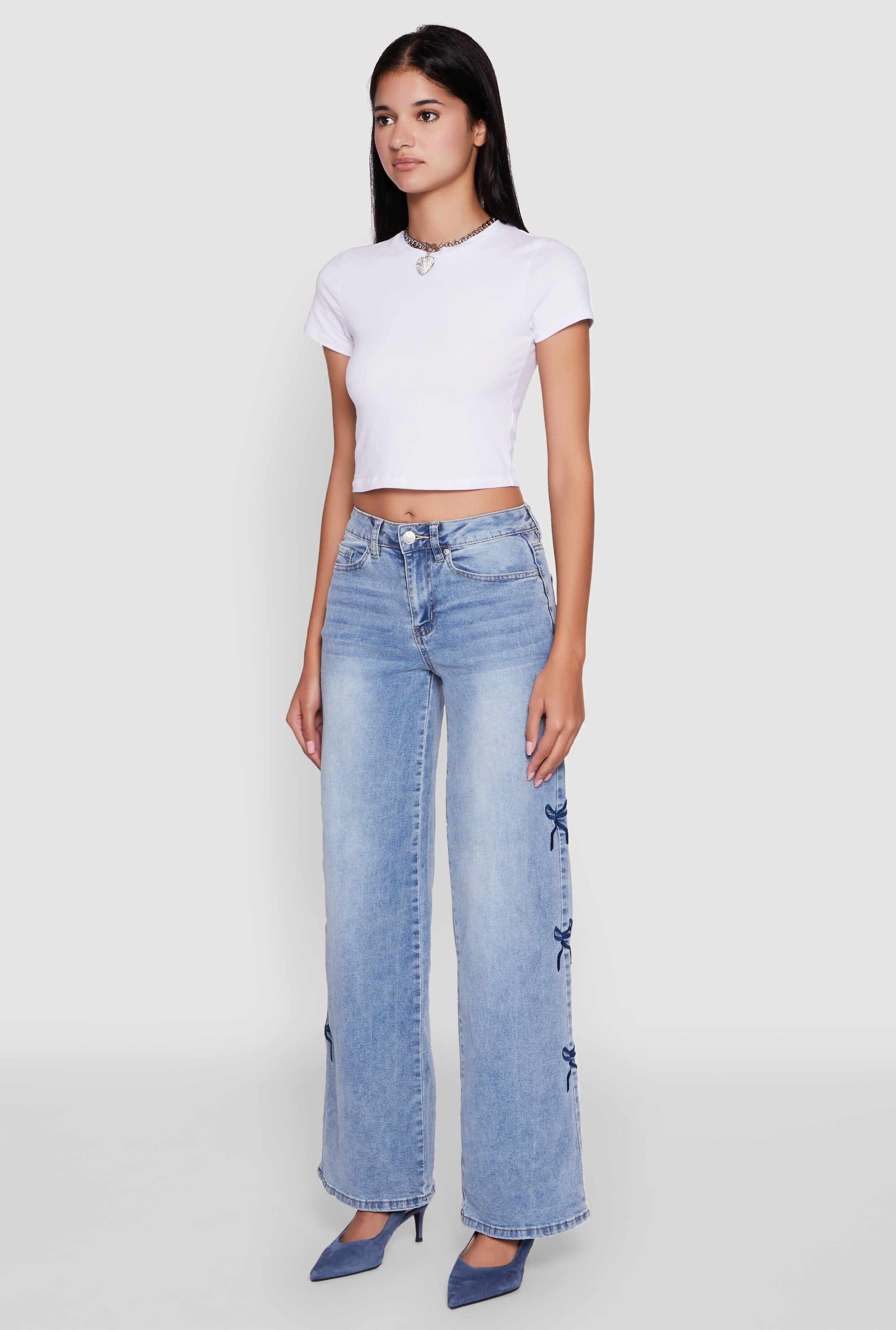 Madden Girl Mineral Wash Embroidered Bow Side Jeans