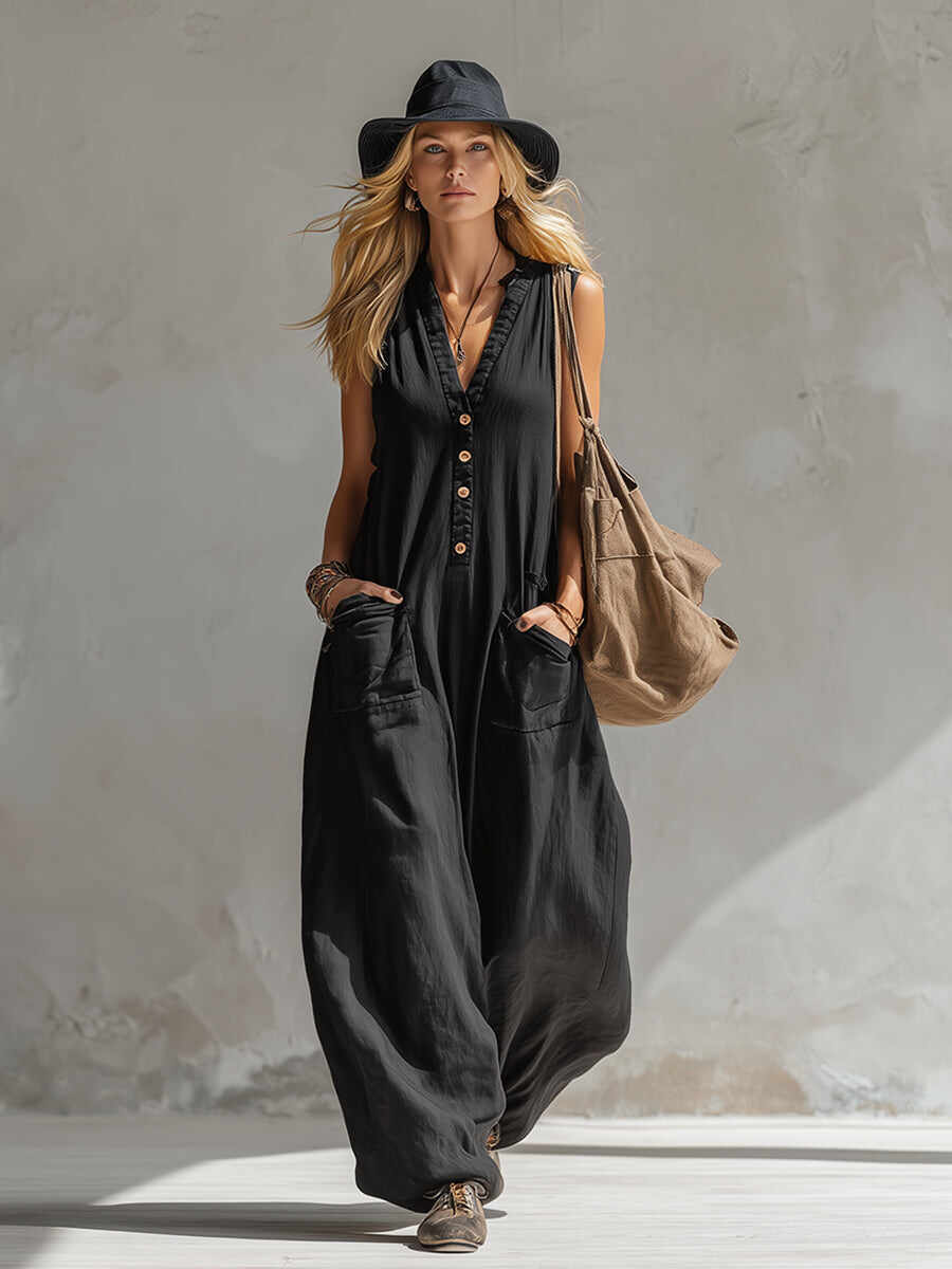 🔥Summer Arrivals🌟Elegant Urban-style Black Cotton And Linen Sleeveless Jumpsuit