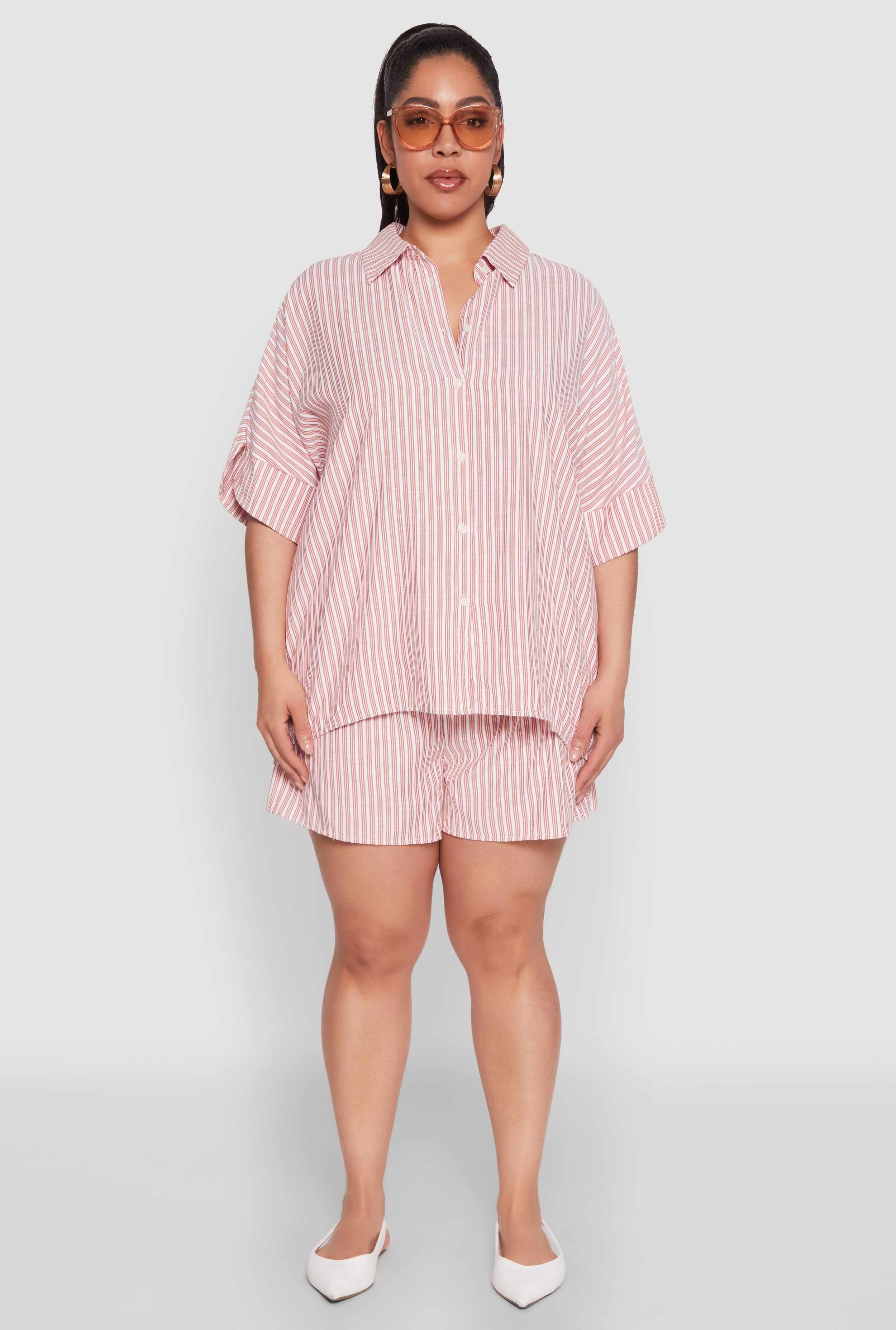 Plus Size Striped Elastic Waist Shorts