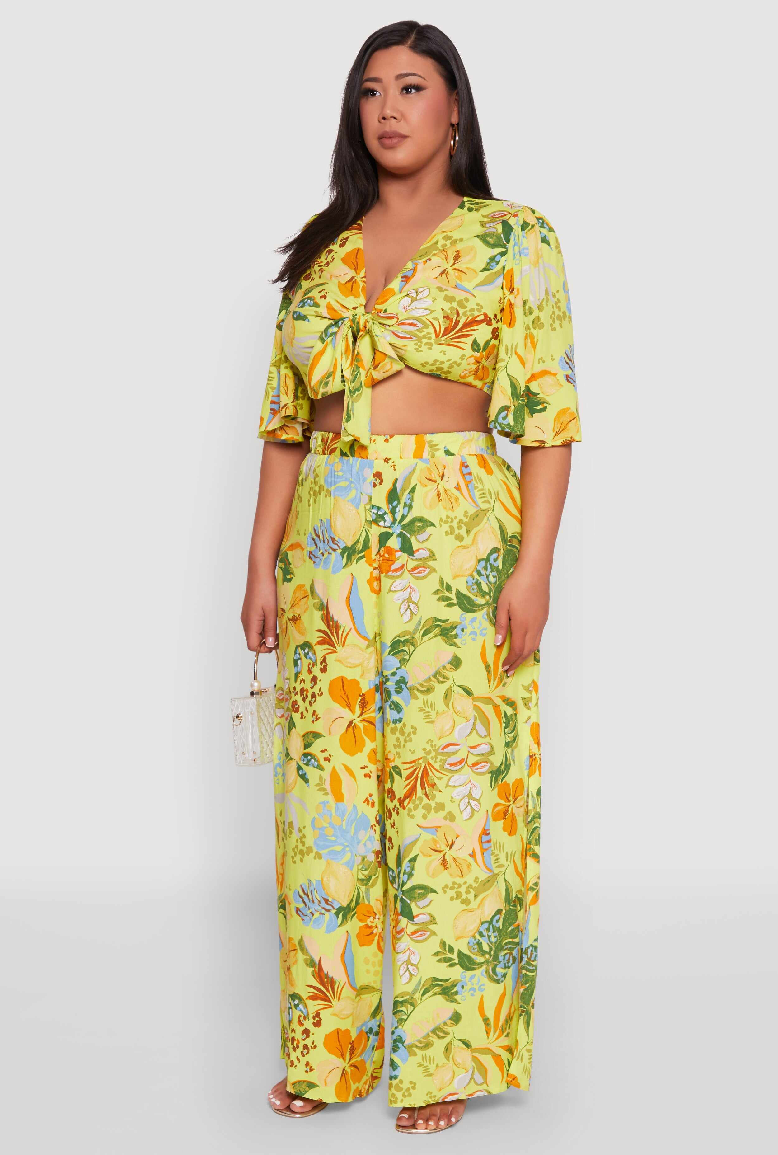 Plus Size Tropical Floral Tie Front Crop Top
