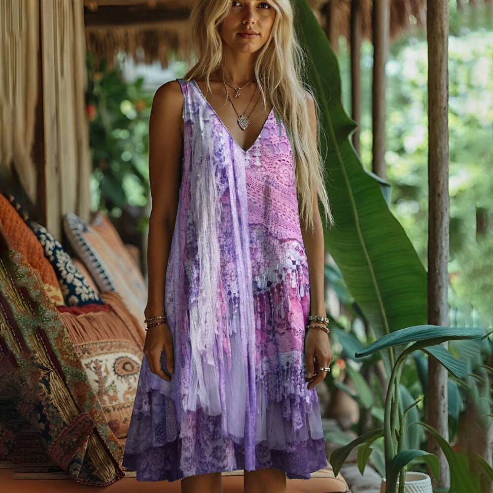 Vintage Lace Floral Art Women's Linen Vest Dress
