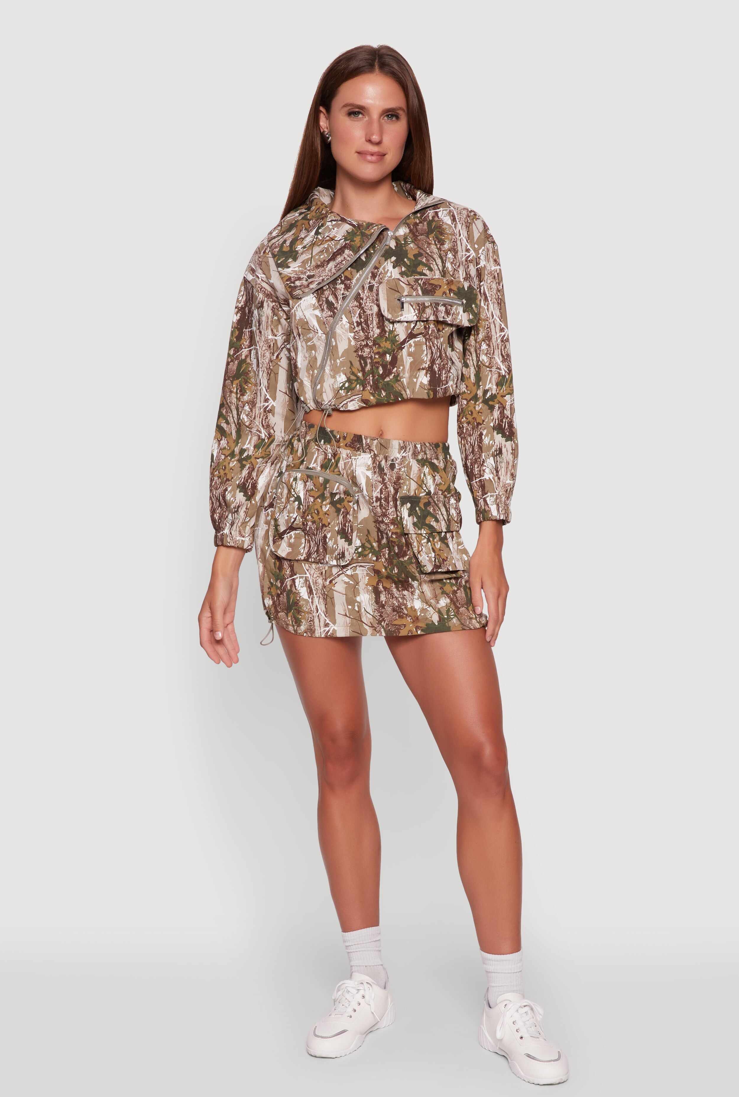 Hunter Camo Drawstring Hem Zip Neck Cropped Jacket