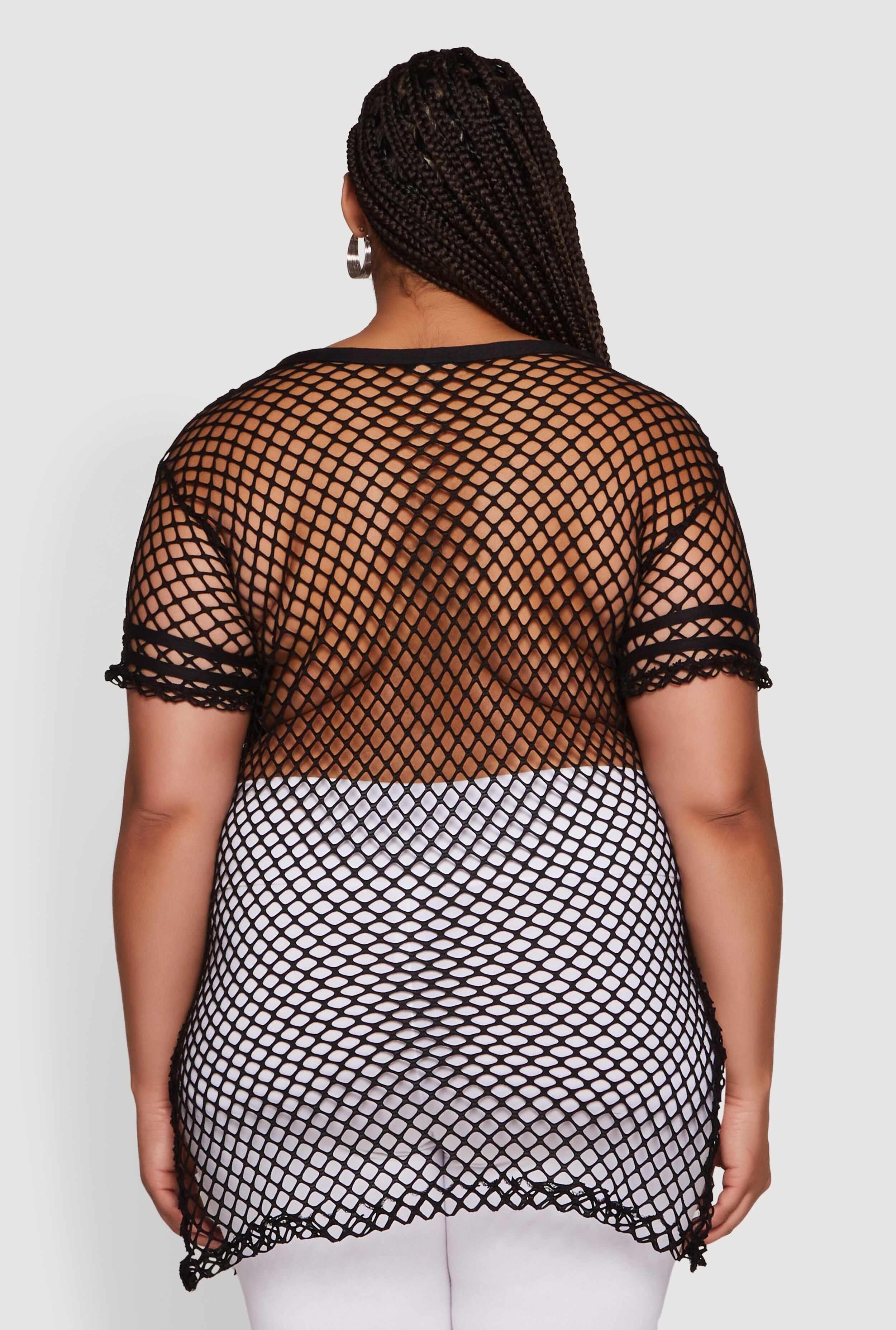 Plus Size Fishnet Boss 23 Rhinestone Graphic Top with Varsity Stripe Details