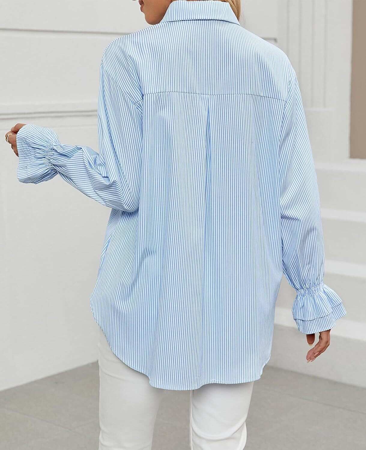 Women's Striped Button Down Shirts Smocked Cuffed Boyfriend Shirt Long Sleeve Blouse Top with 3 Pockets