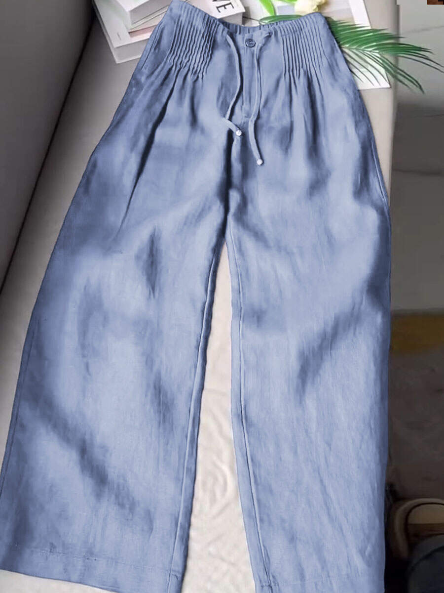 🔥Summer Arrivals🌟Women's Solid Color Pleated Drawstring Casual Cotton and Linen Wide Leg Pants