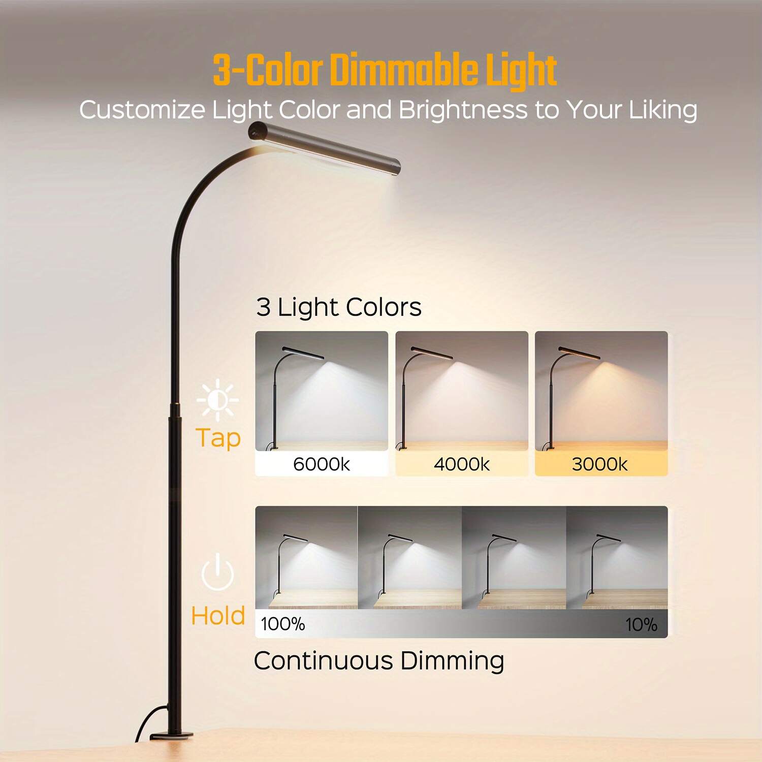 Desk Lamp for Home Office, Eye-Caring Desk Light with Adjustable Gooseneck, 12W Touch Control Dimmable Brightness, Architect Clamp Lamp for Computer Monitor