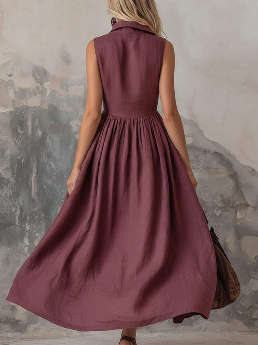🔥Summer Arrivals🌟Women's Solid Color Lapel Sleeveless Casual Loose Cotton Dress
