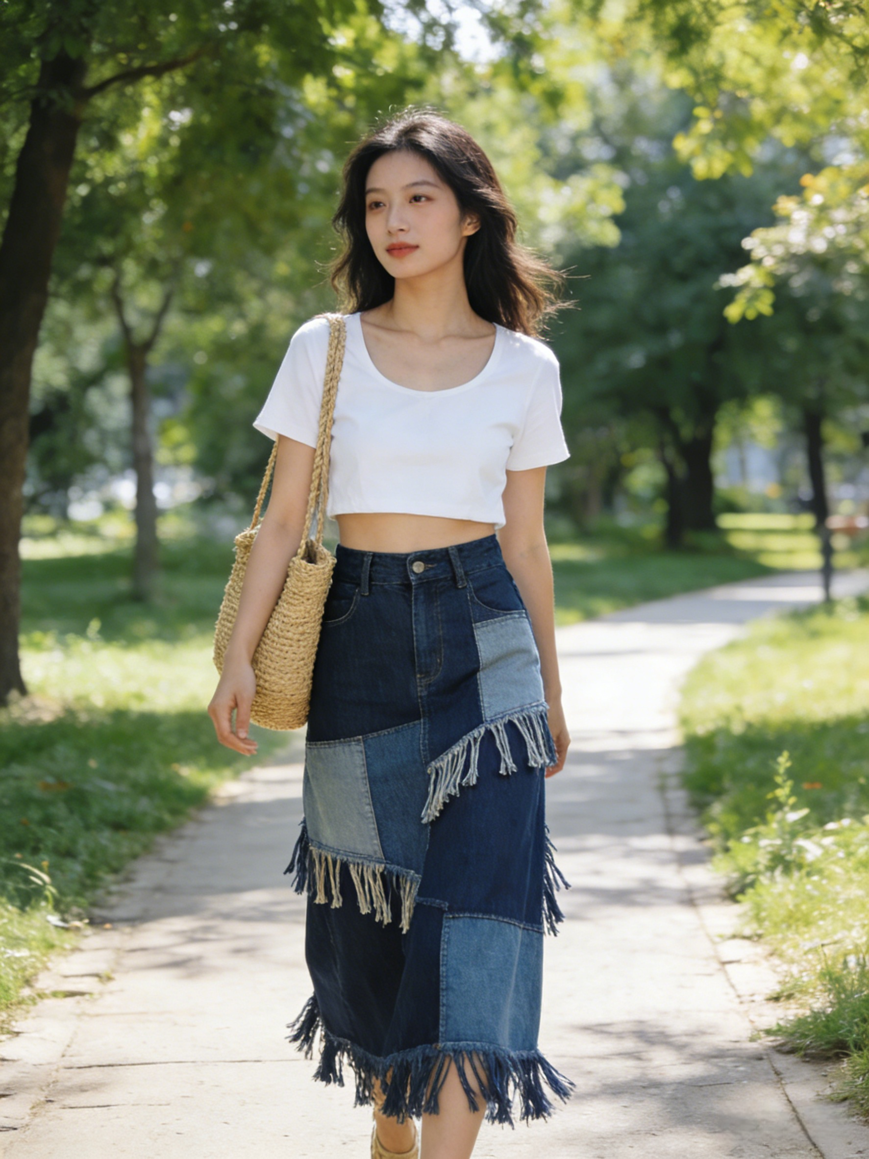 Women Navy High Waist Patchwork Tassel Denim Maxi Skirts Summer