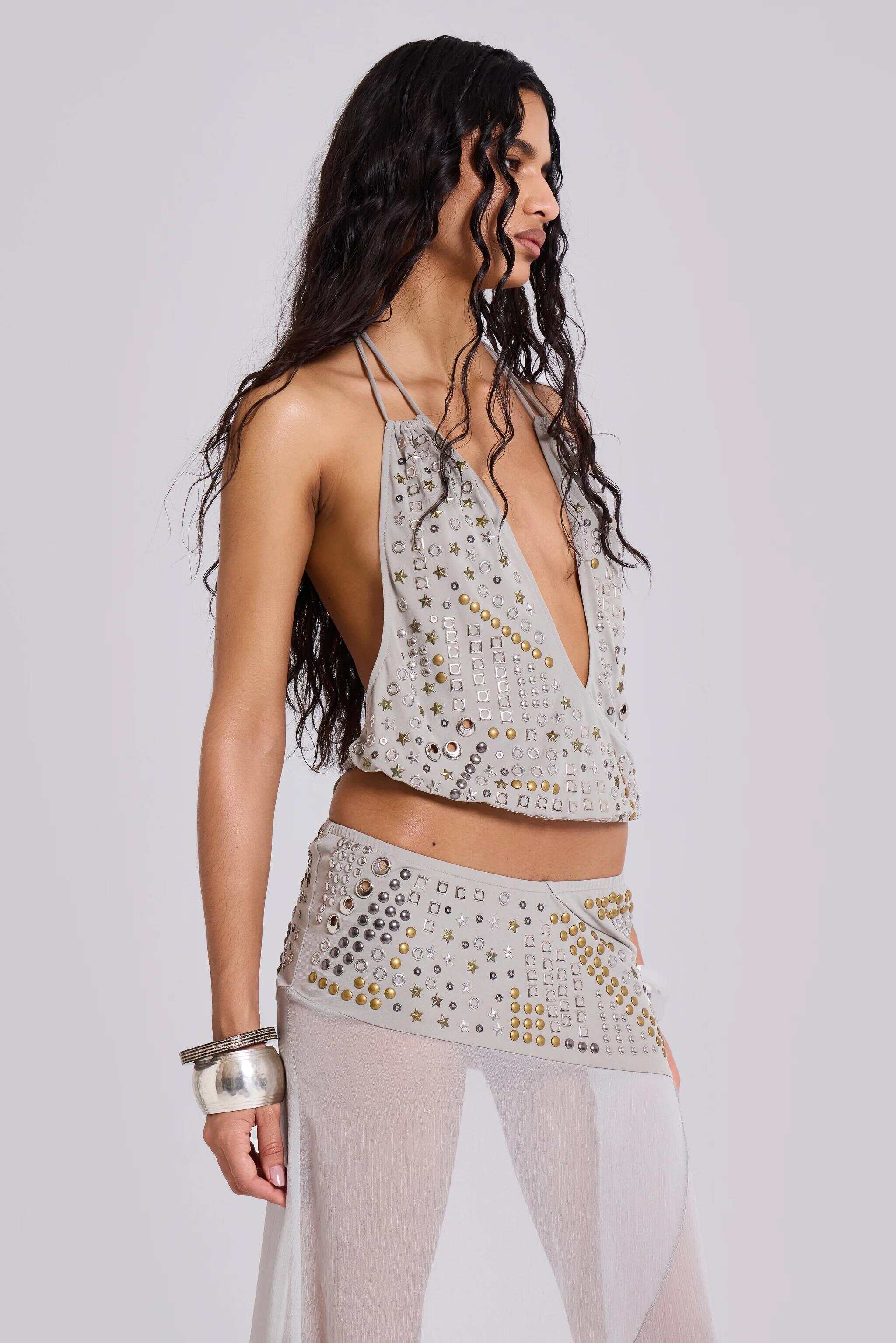 Xtal Studded Chiffon Midi Skirt