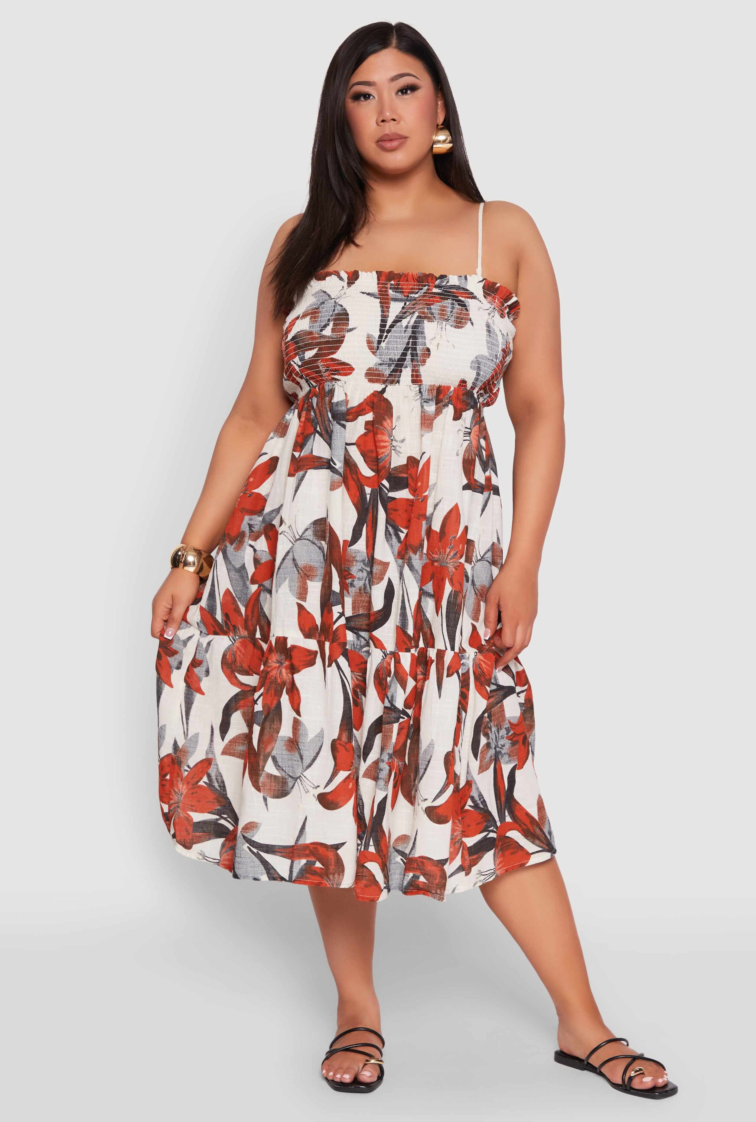 Plus Size Floral Print Smocked Tiered Midi Dress