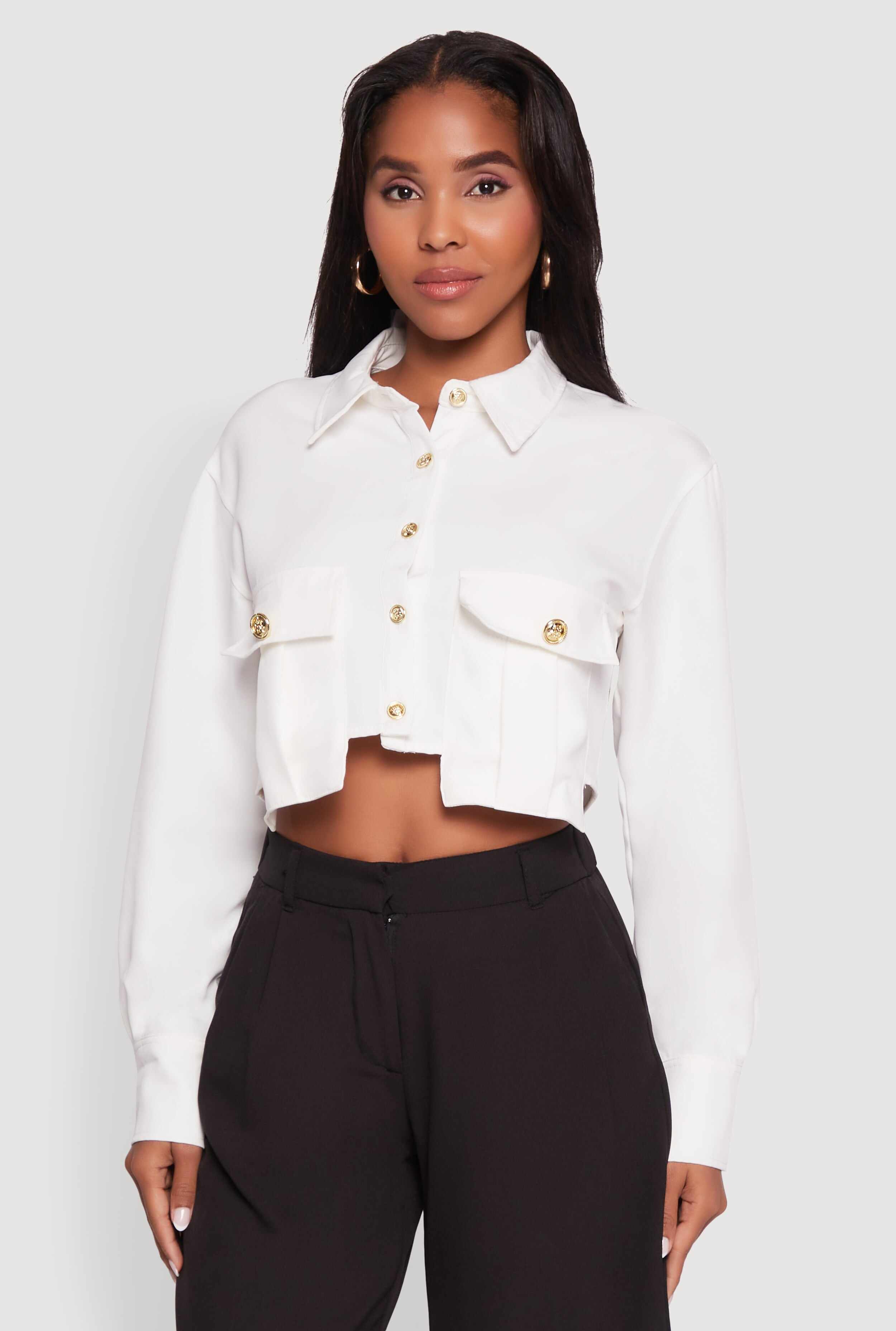 Classic Fit Solid Long Sleeve Shirt with Cropped Hem