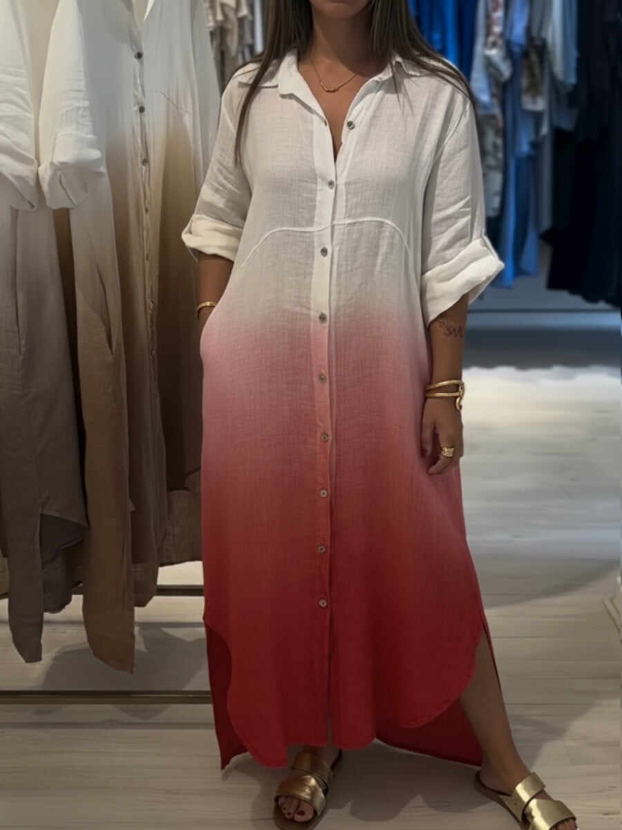 🔥Summer Arrivals🌟Casual Gradient Color Linen And Cotton Shirt Dress