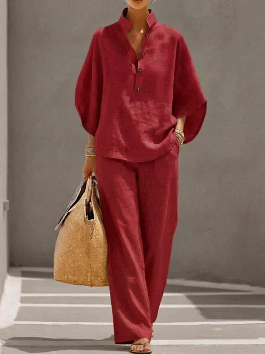 Maribel | Linen Set with Batwing Sleeves and Wide Pants