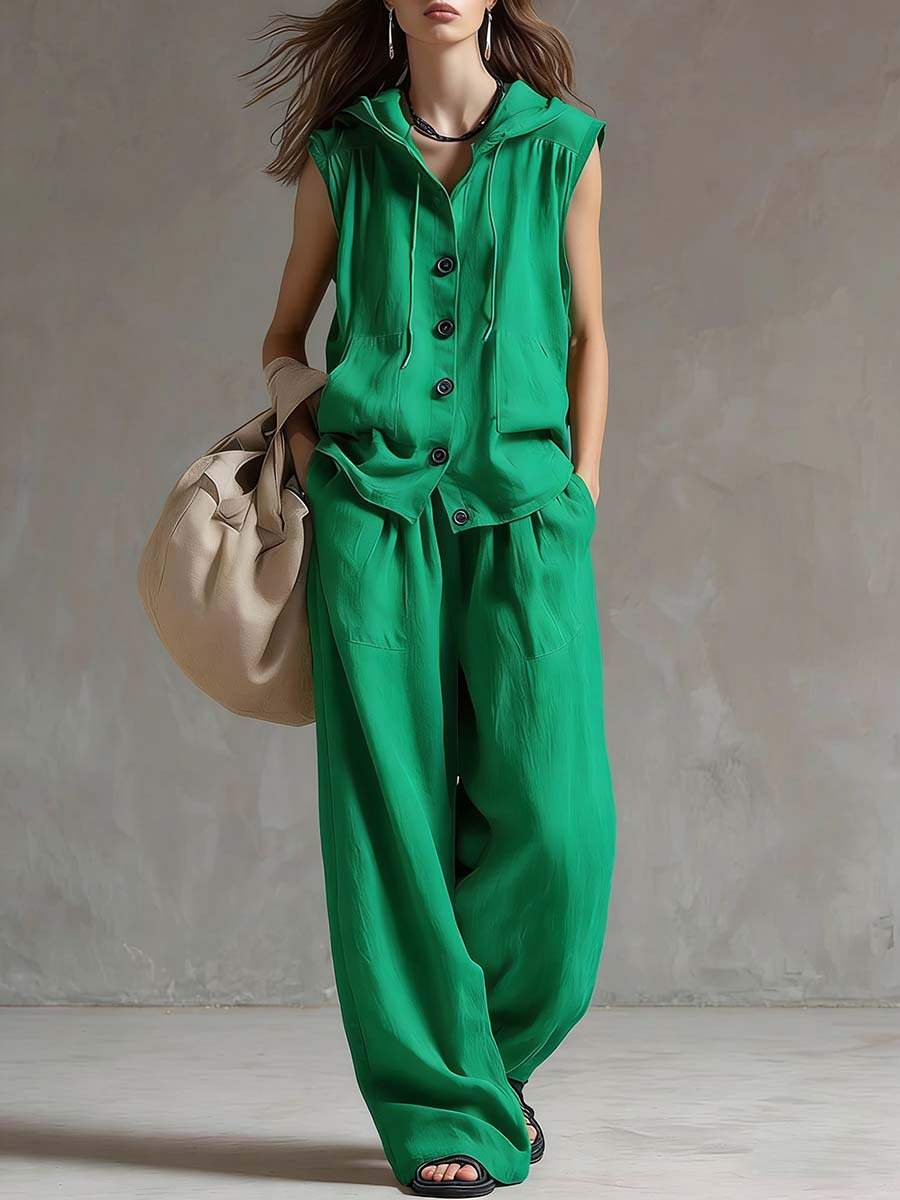 🔥Summer Arrivals🌟Women's Solid Color Sleeveless Casual Loose Hooded Top and High-Waisted Wide-Leg Cotton Set