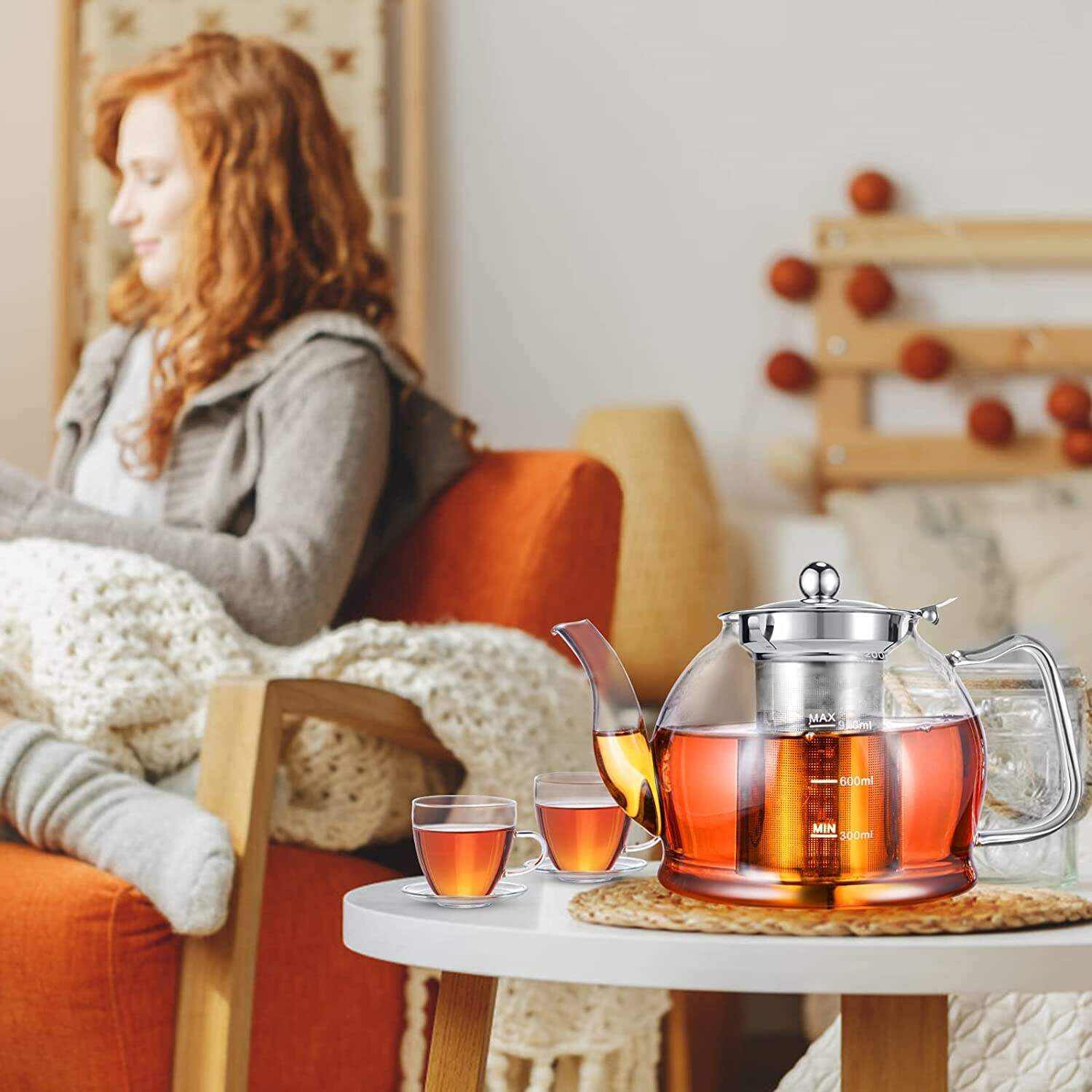 MINO ANT Tea Set ̈C 1200ml Glass Teapot with Removable Stainless Steel Infuser, and 4 Glass Teacups, Stovetop Safe Tea Kettle Gift Set, Blooming and Loose Leaf Tea Maker Set