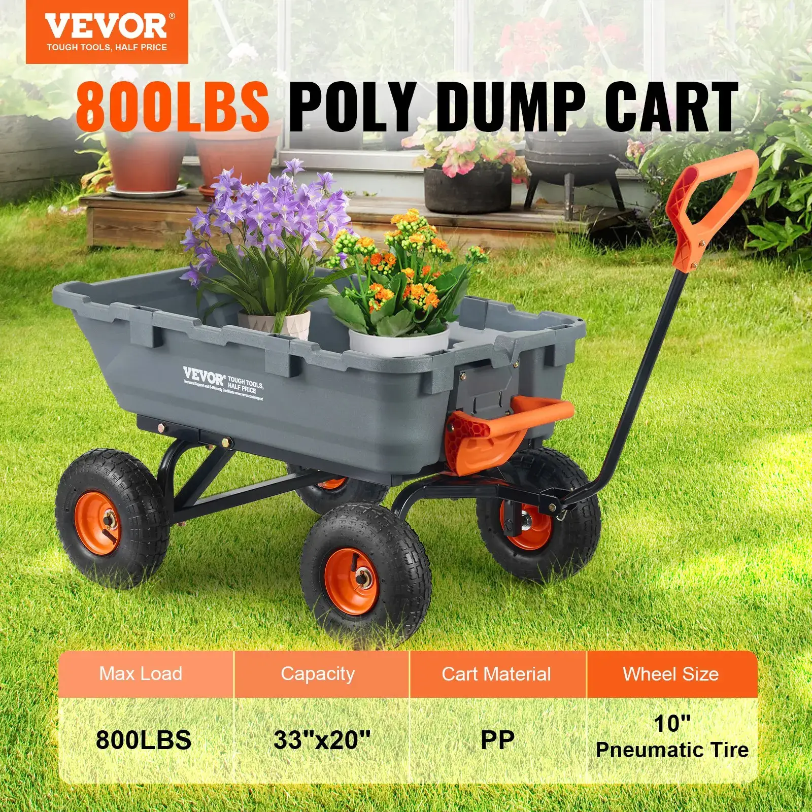 VEVOR Poly Garden Dump Cart with Easy to Assemble Steel Frame, TikTokShopBlackFriday, 2-in-1 Convertible Handle, 13 Inch Tires, Max Capacity 1500 lbs, Utility Wheelbarrow Productivity Yard