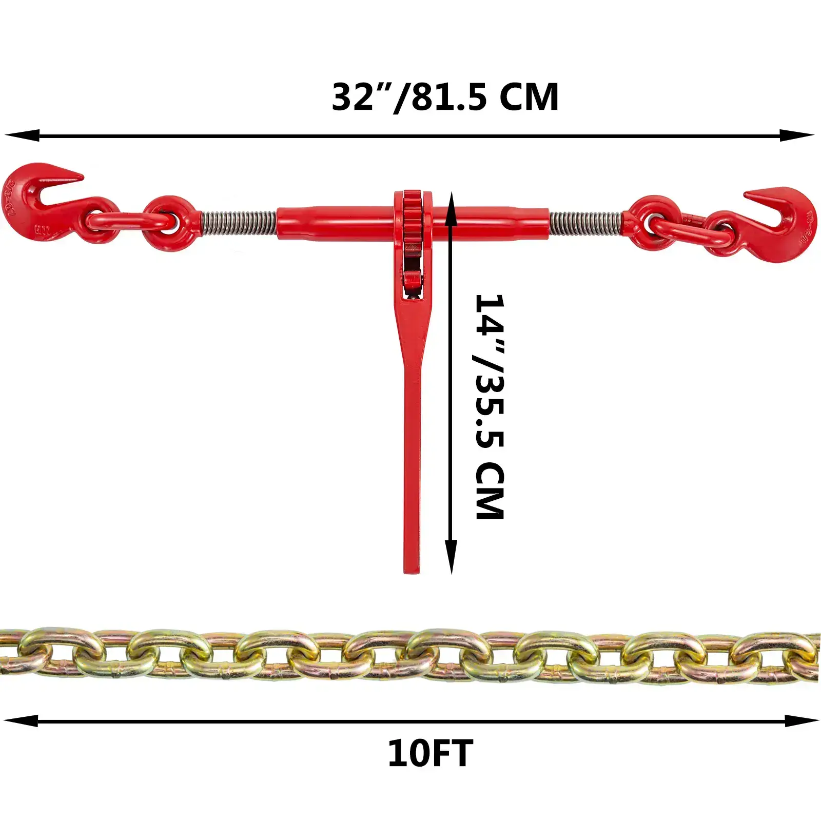 Chain and Binder Kit 3/8in-1/2in, Ratchet Load Binders 9215lbs Working Strength, Ratchet Binders and Chains, 3/8in x 10ft Chains with G70 Hooks, for Truck, Tie Down, Hauling, Towing