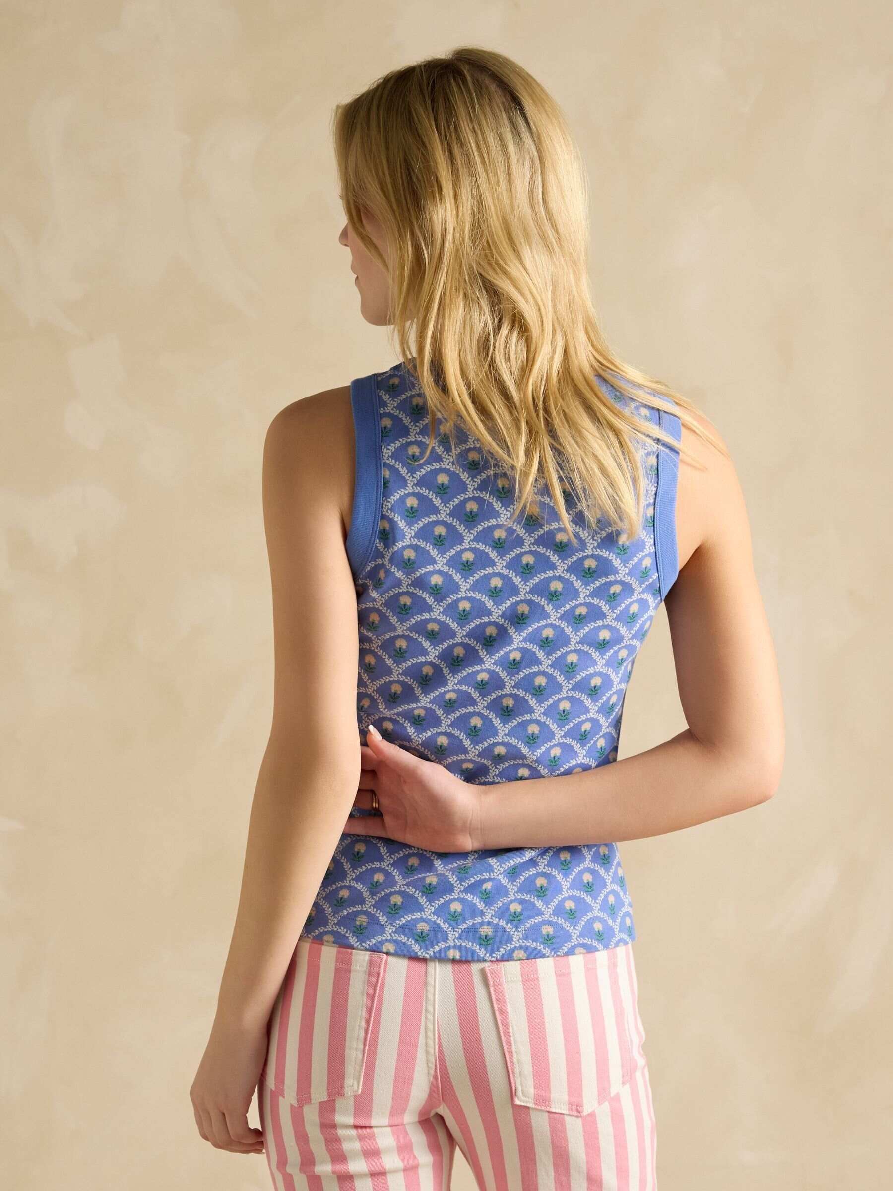 Premium Ribbed Blue Floral Jersey Printed Vest