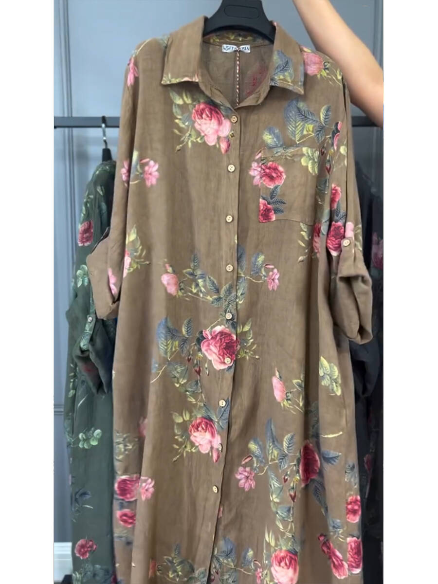 🔥Summer Arrivals🌟Women's Floral Print Cotton and Linen Shirt Dress