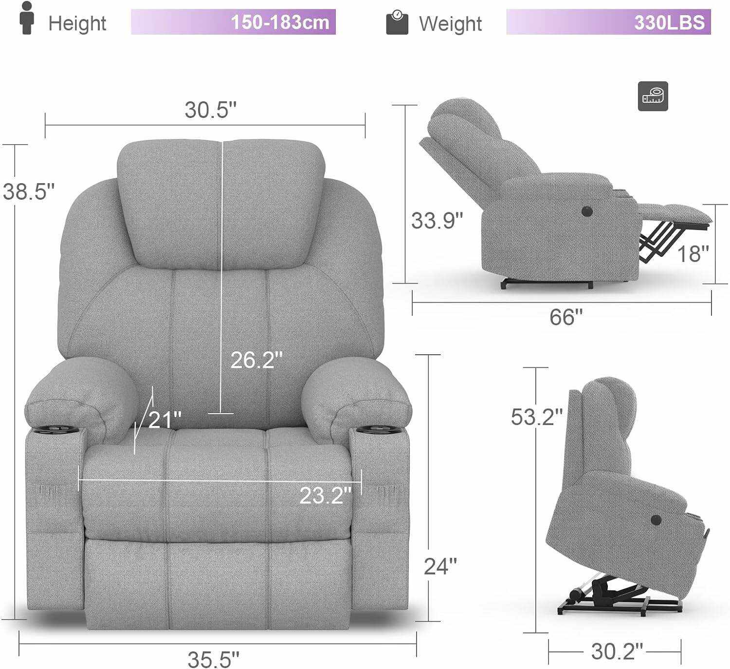 YONISEE Lar2ge Lift Chairs Recliner for Elderly - Power Fabric Lift Chair Modern with Massage and Heat, Extended Footrest, 3 Positions, 2 Side Pockets, and Cup Holders, USB Ports, Coffee Color