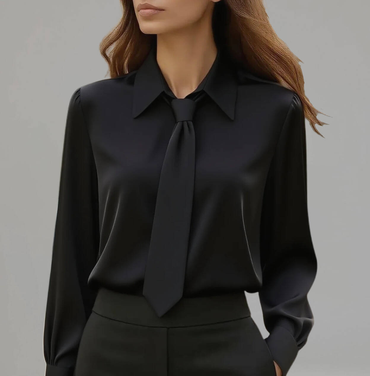 Women's Formal Solid Shirt Collar Tie Long Sleeve Blouse