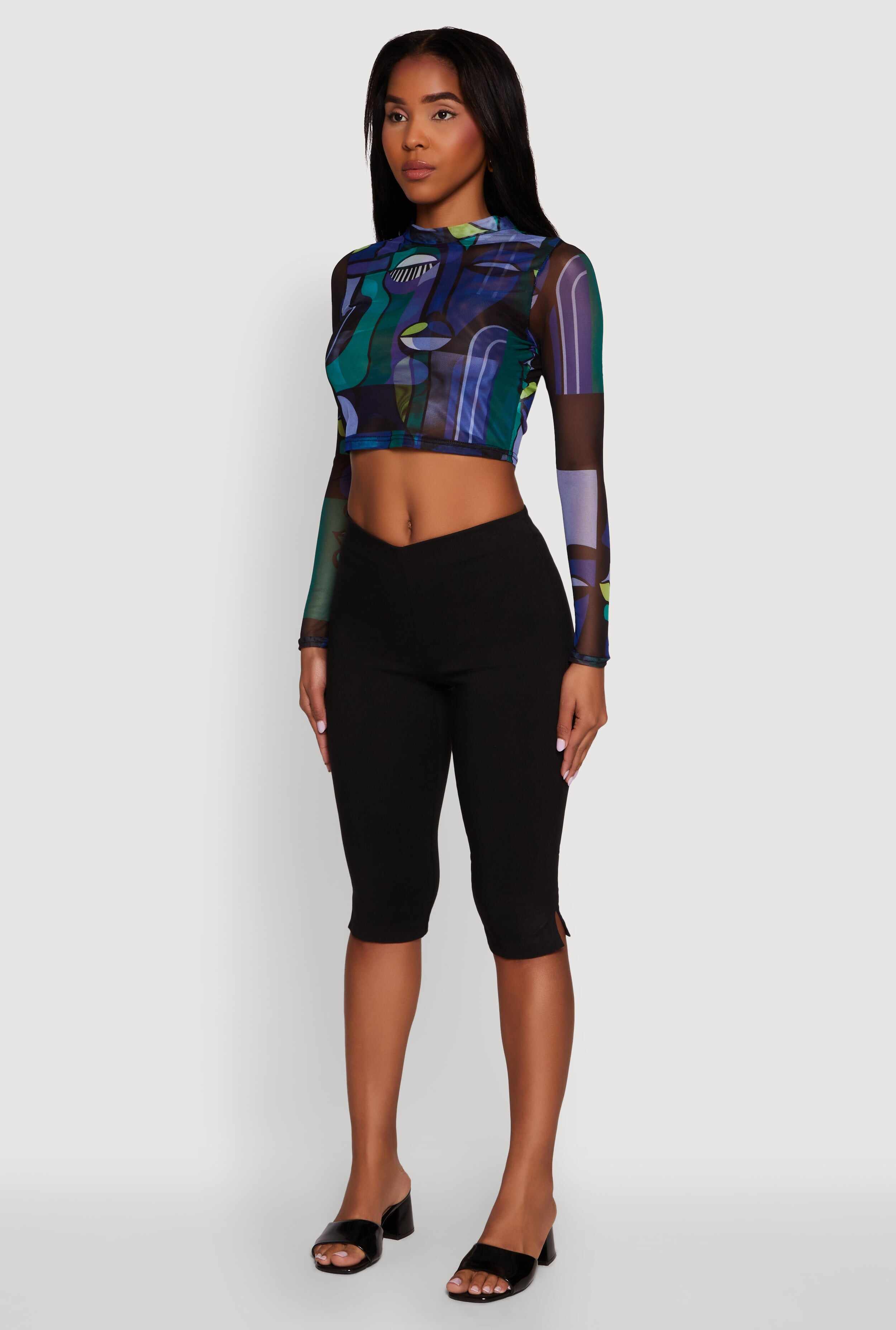 Trendy Mesh Sheer Long Sleeve Crop Top with Printed Pattern