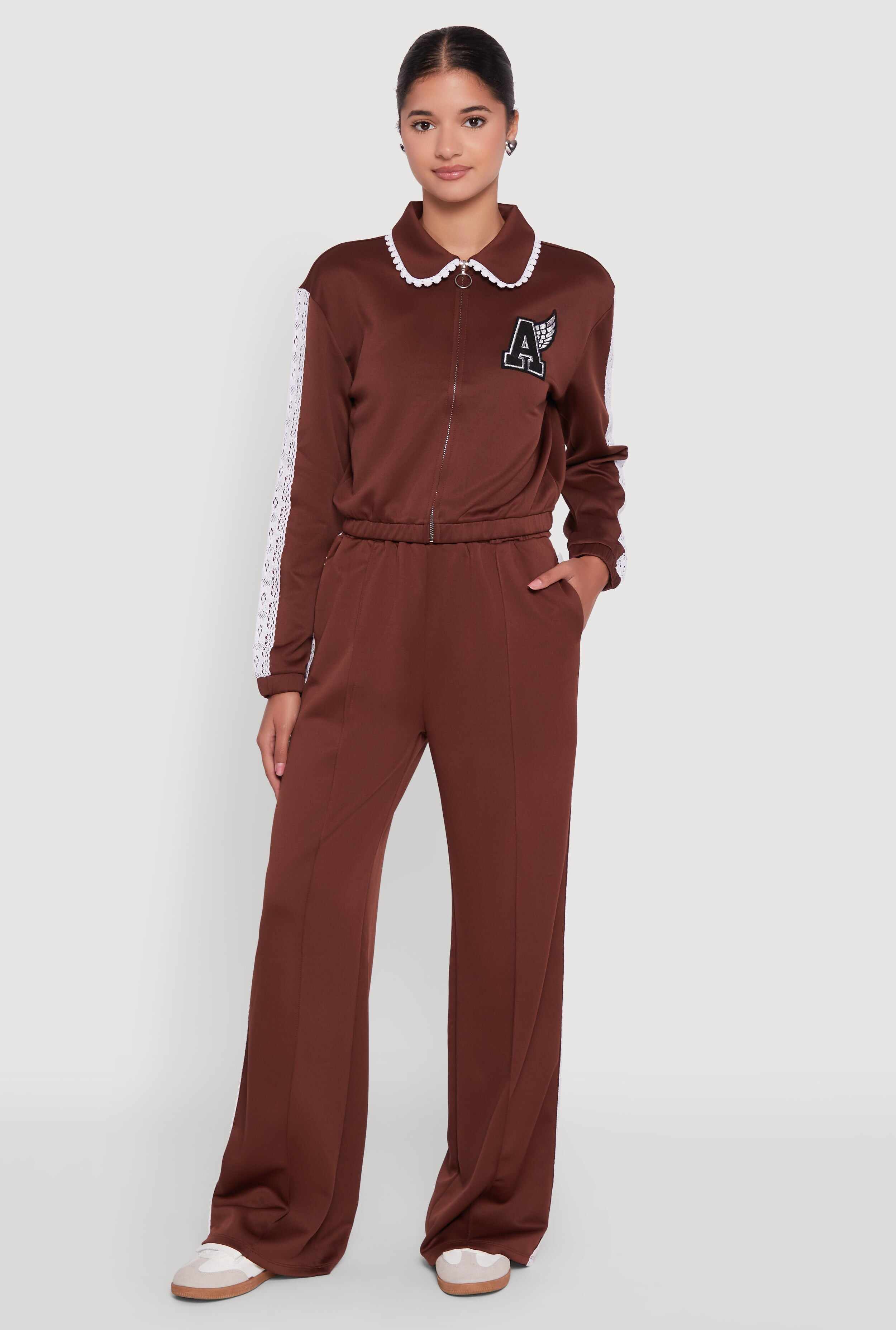 Collared Crochet Trim Graphic Track Jacket