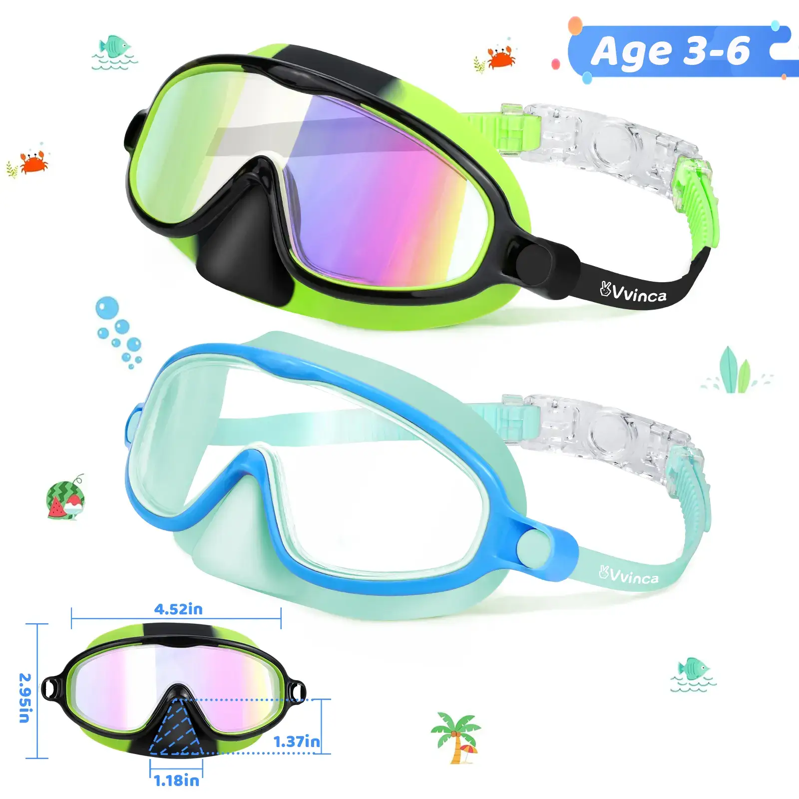 Swim Goggles 2 Pcs with Nose Cover for Ages 3-12+ Kids,Youth,UV Protection Anti-Fog Wide View Anti-Shattered Lens for Boys and Girls - Safety anti-uv swim glass anti-fog swimming goggles for Outdoor, Lake,Beach, Summer Party