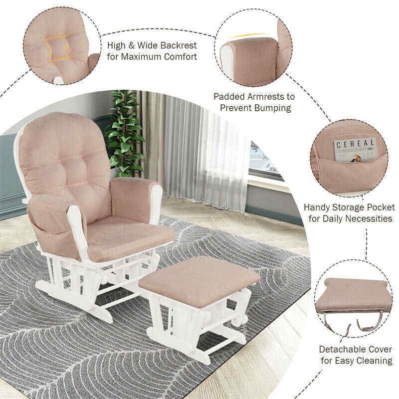 Wood Baby Glider Rocking Chair Nursery Chair with Gliding Ottoman & Storage Pocket