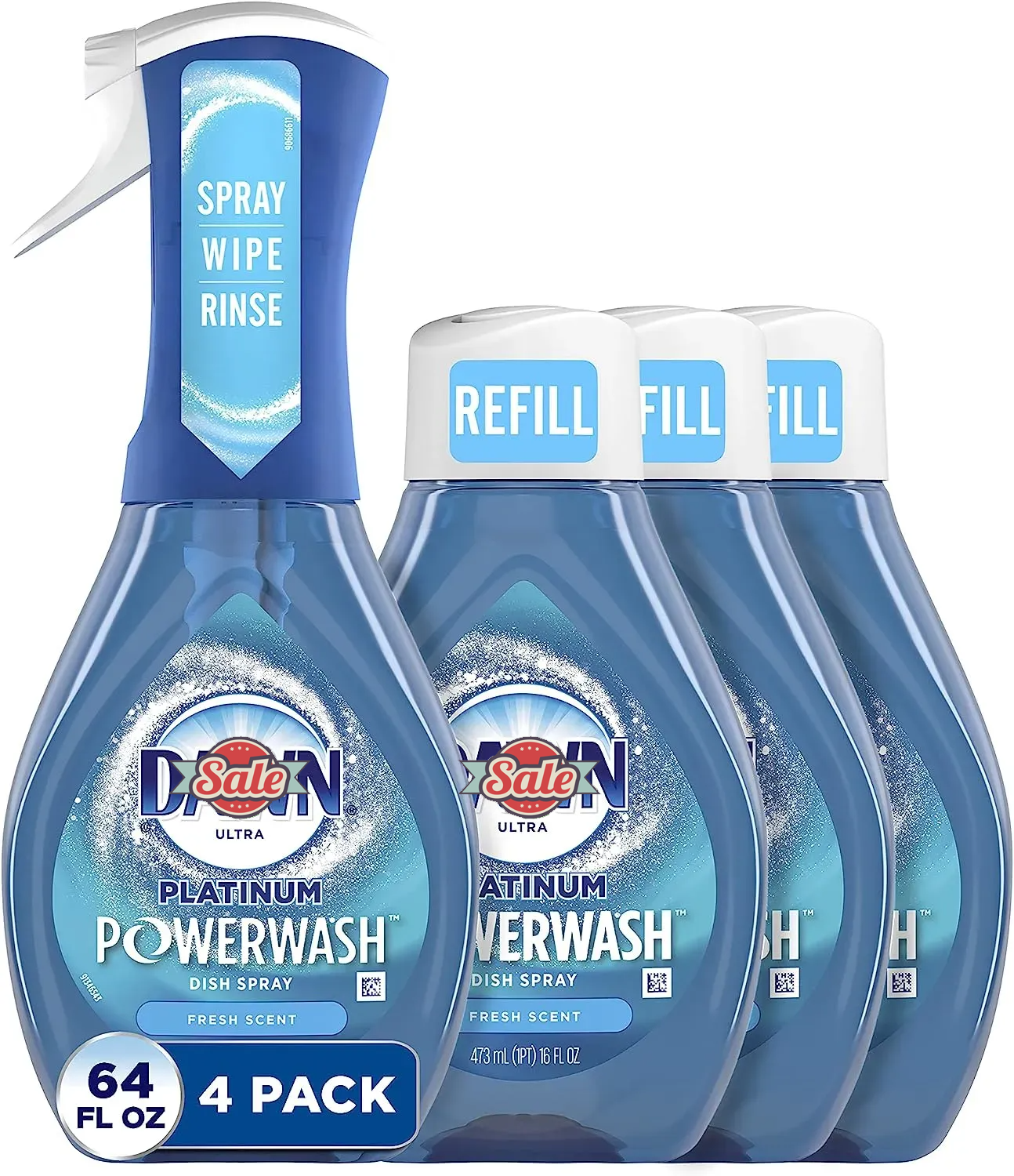 Dish Spray, Dish Soap, Fresh Scent Bundle, 1 Spray (16oz) + 3 Refills (16oz each)(Pack of 4)