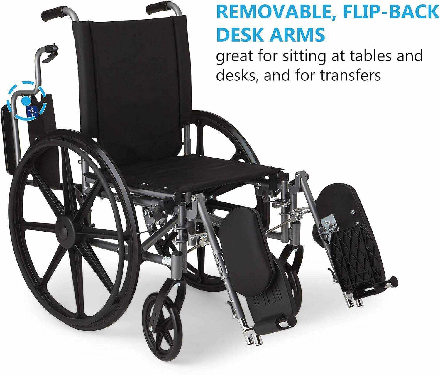 Medline Lightweight & User-Friendly Wheelchair With Flip-Back, Desk-Length Arms & Elevating Leg Rests for Extra Comfort, Black, 18 inch Seat