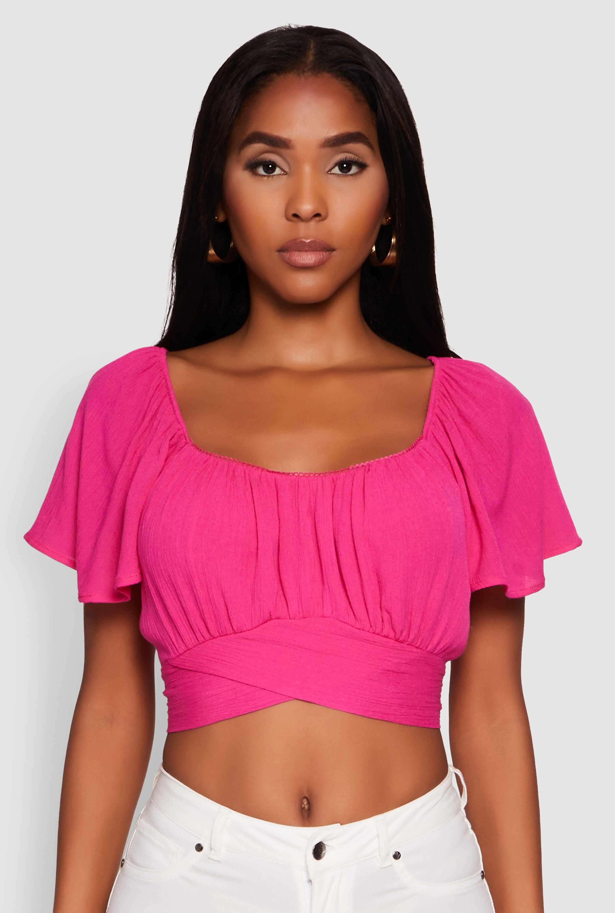 Classic Fit Scoop Neck Flutter Sleeve Crop Top