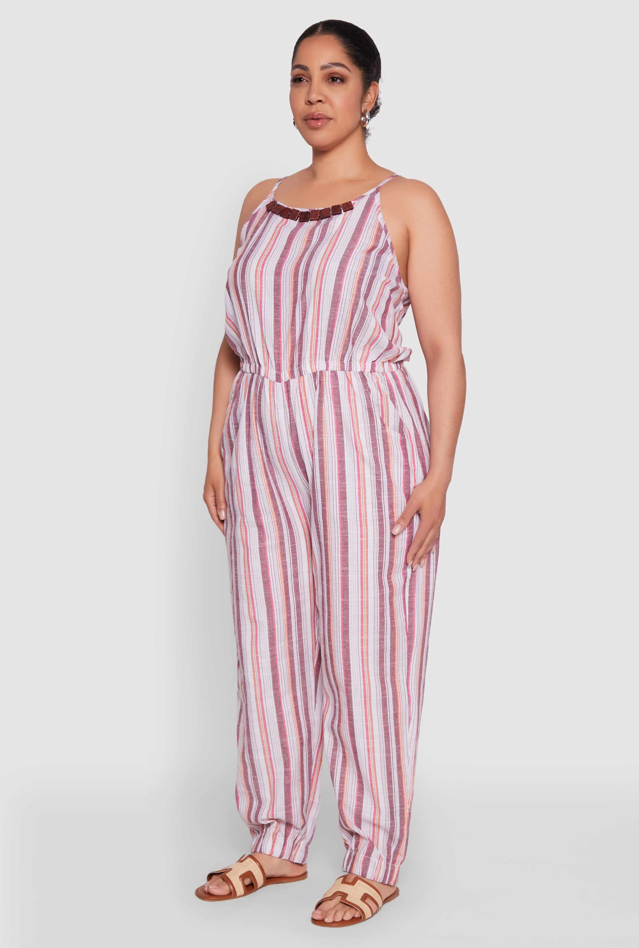 Plus Size Striped Wood Beaded Trim Jumpsuit