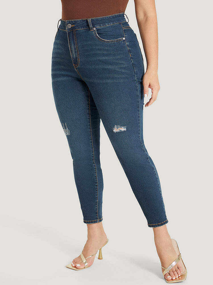 Skinny Moderately Stretchy High Rise Dark Wash Ripped Jeans