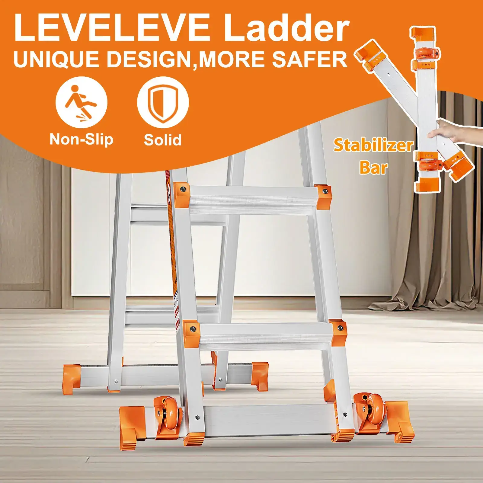 Multi-Position Extension Ladder, A-Frame Step Ladder with Stabilizer Bars, 330LBS Load Capacity, Foldable with Wheels for Home, Outdoor & Roof Work