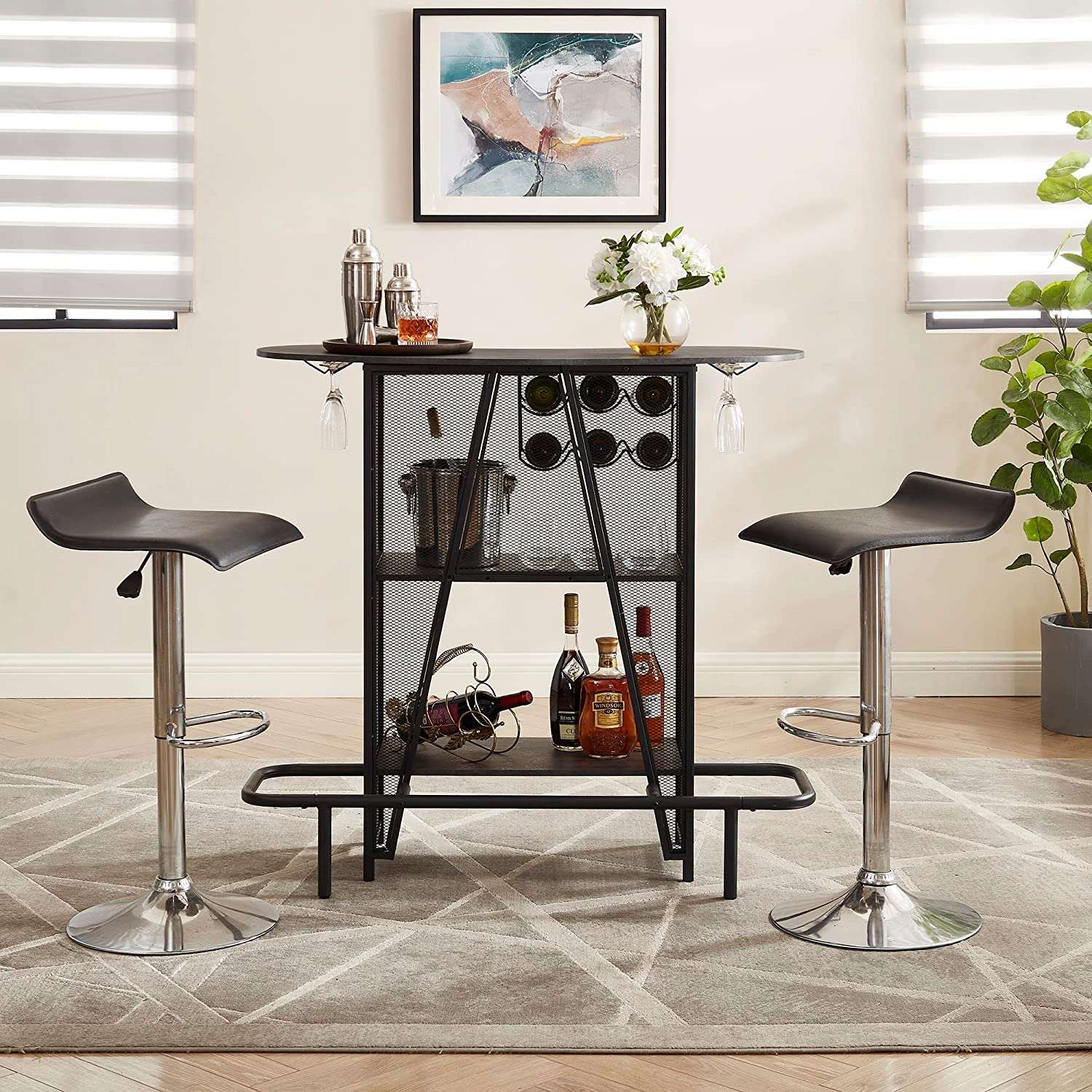 VECELO Bar Unit with Metal Mesh Front, 3-Tier Wine Rack Table with Glasses Holder