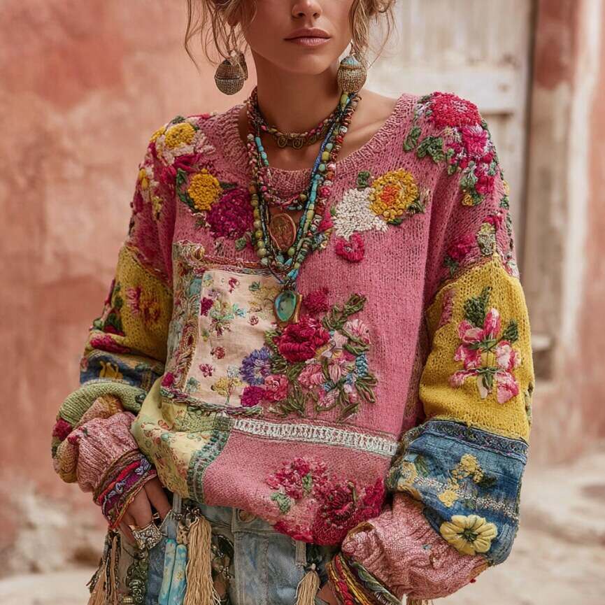 Women's Vintage Floral Embroidery Patchwork Art Pullover Cozy Knit Sweater