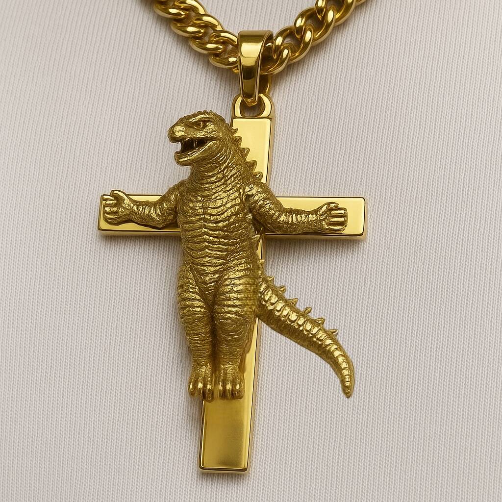 Funny Godzilla Crucifixion Necklace