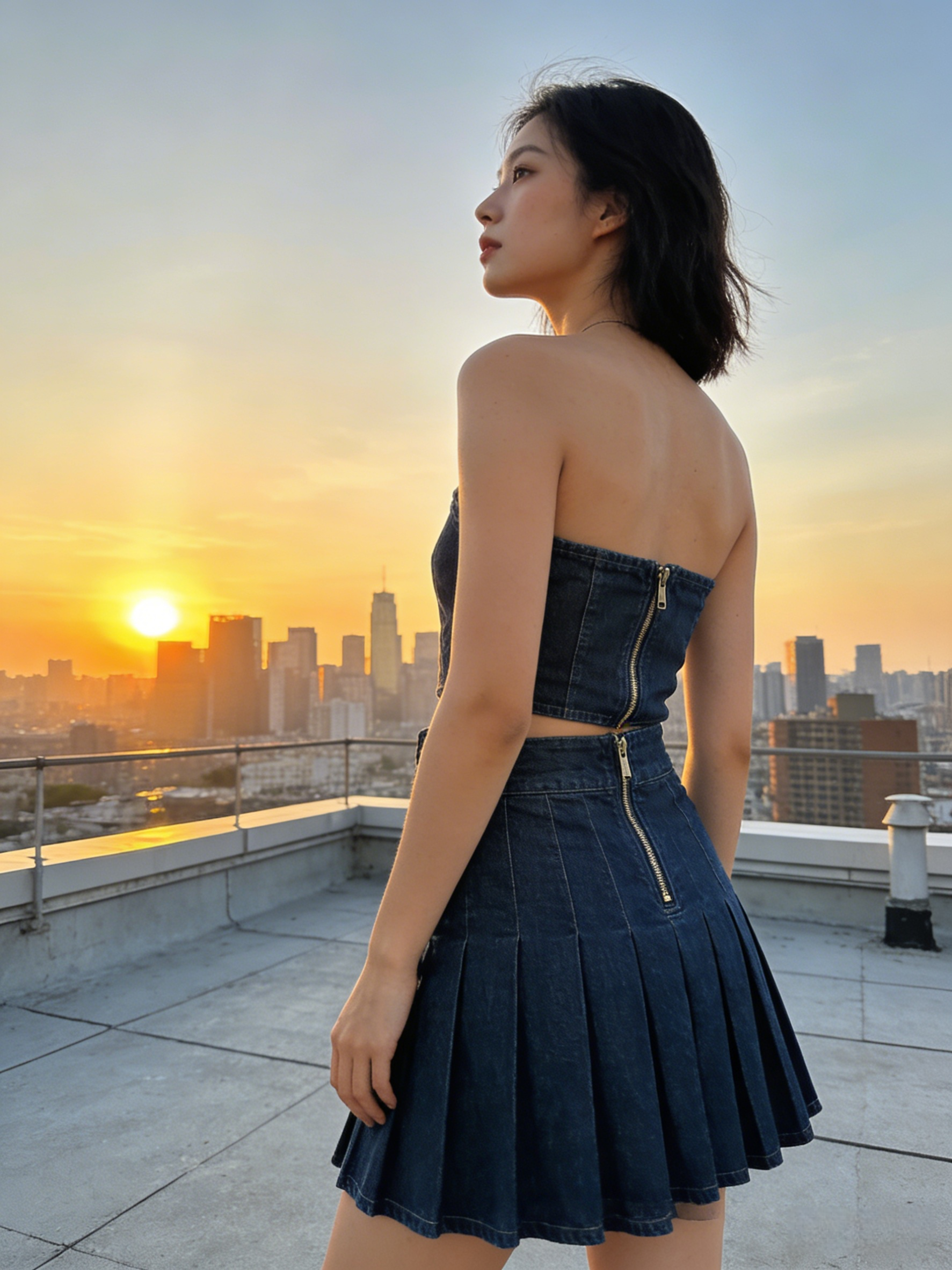 Blue Pockets Patchwork Denim Skirts Wrinkled Elastic Waist Summer