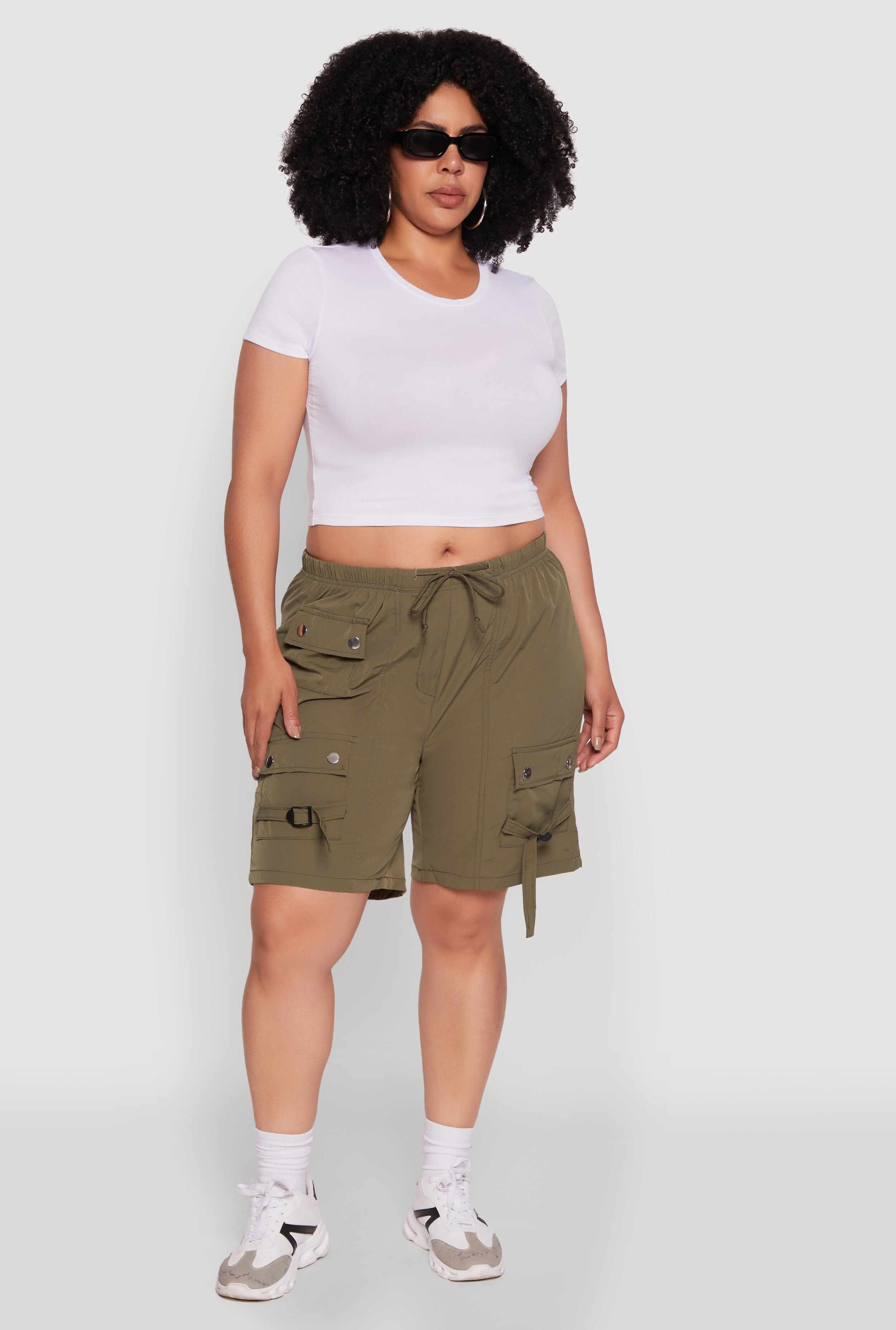 Plus Size High Waisted Nylon Cargo Shorts with Drawstring