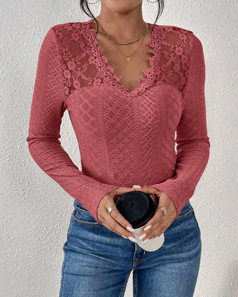 V-Neck Lace Panel Long-Sleeved Top