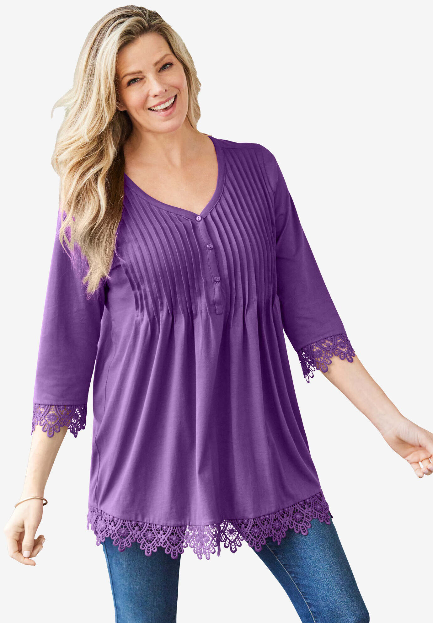 Pintuck Henley Crochet Trim Tunic