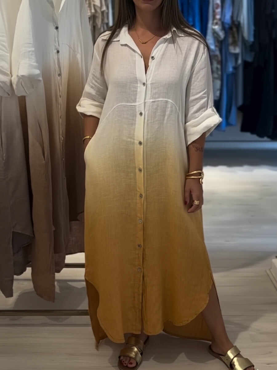 🔥Summer Arrivals🌟Casual Gradient Color Linen And Cotton Shirt Dress