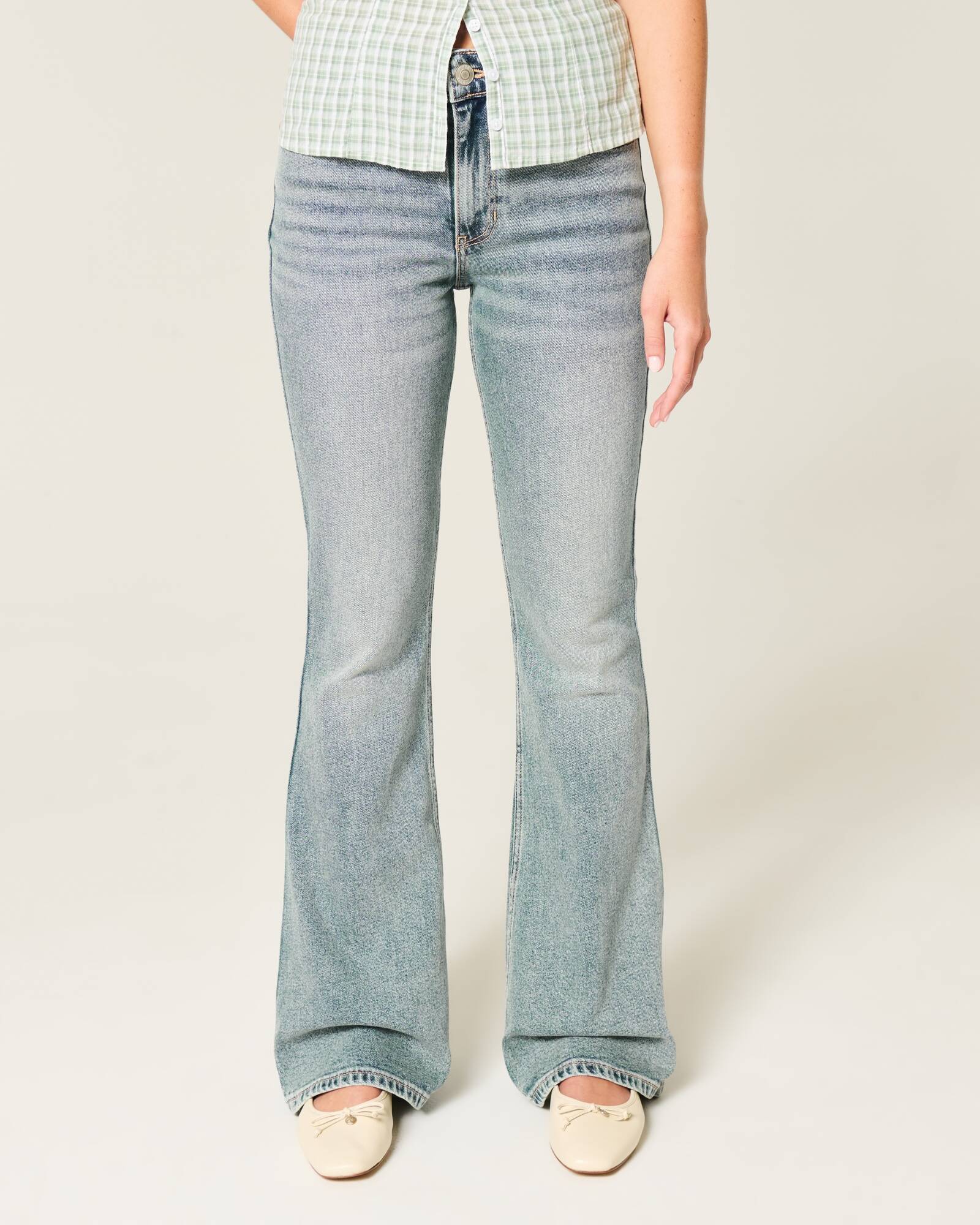 High-Rise Light Wash Heart Embroidered Flare Jeans