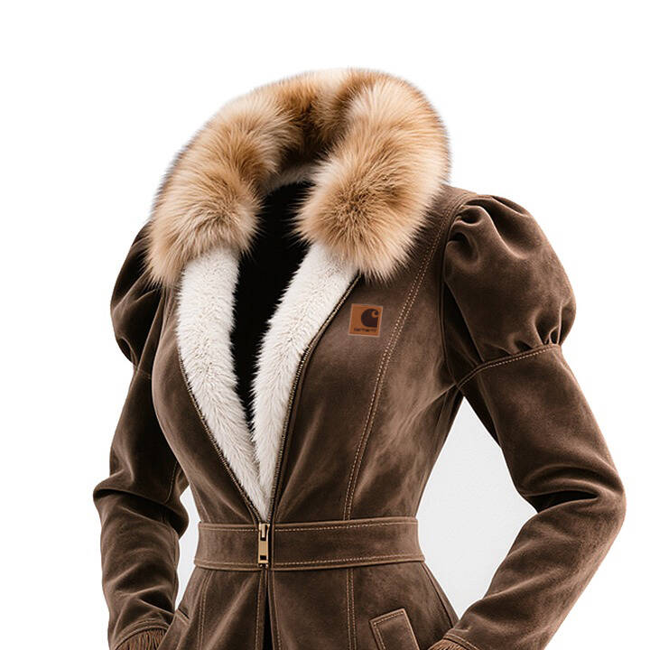 Elegant Brown Faux Suede Coat With Fur Collar