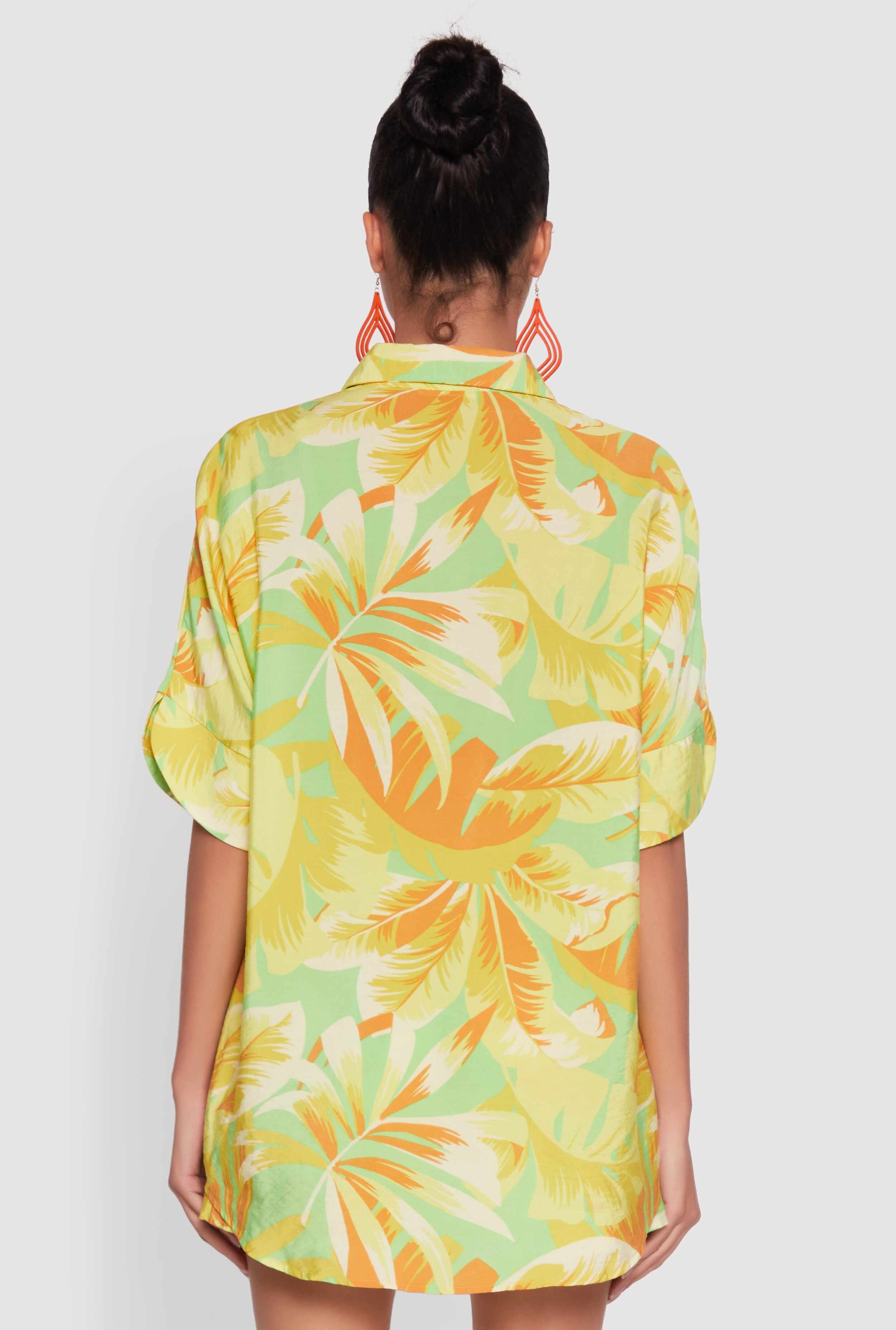 Trendy Leaf Print Crepe Knit Button Front Shirt