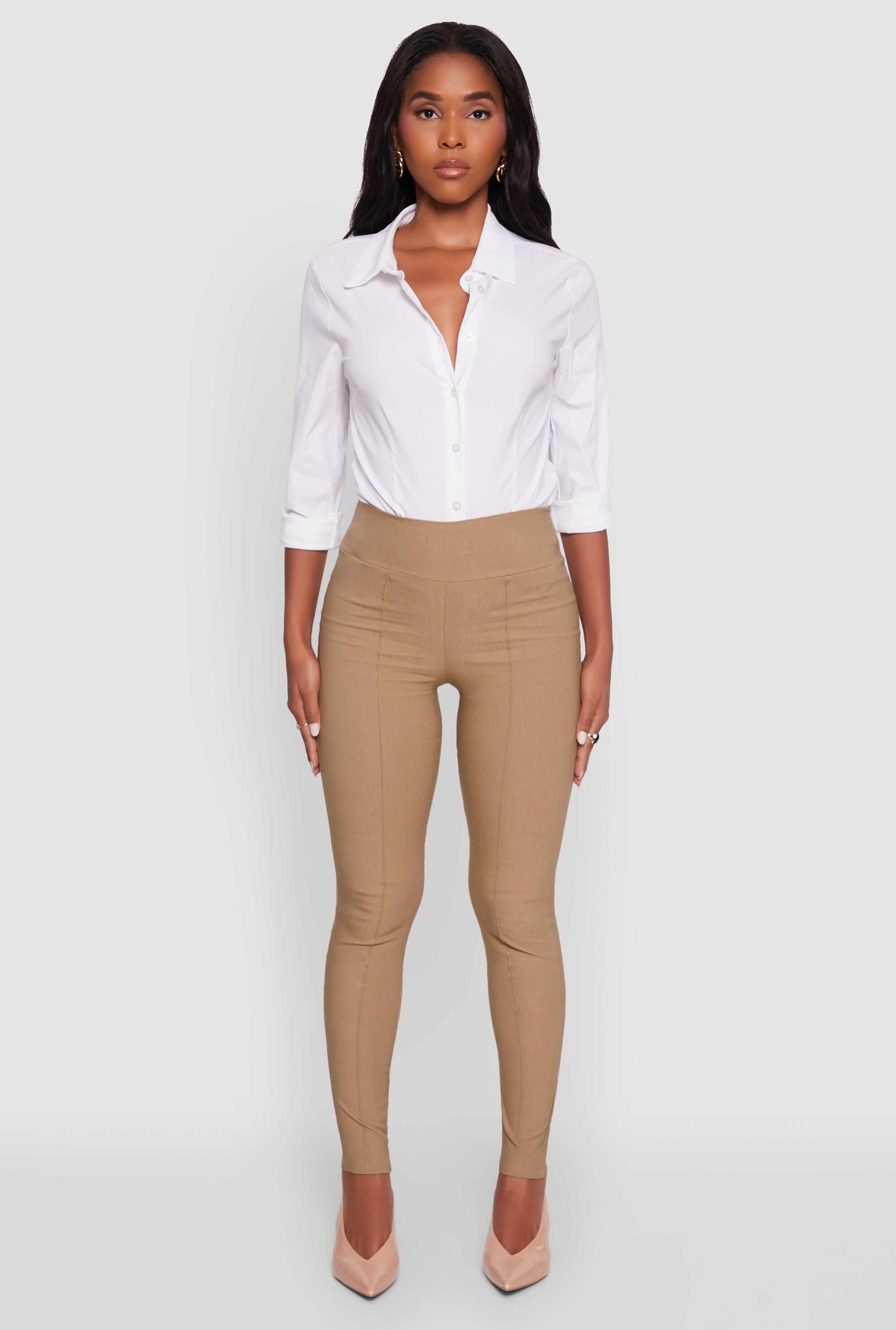 Stretchy Pintuck High Waisted Skinny Leg Chino