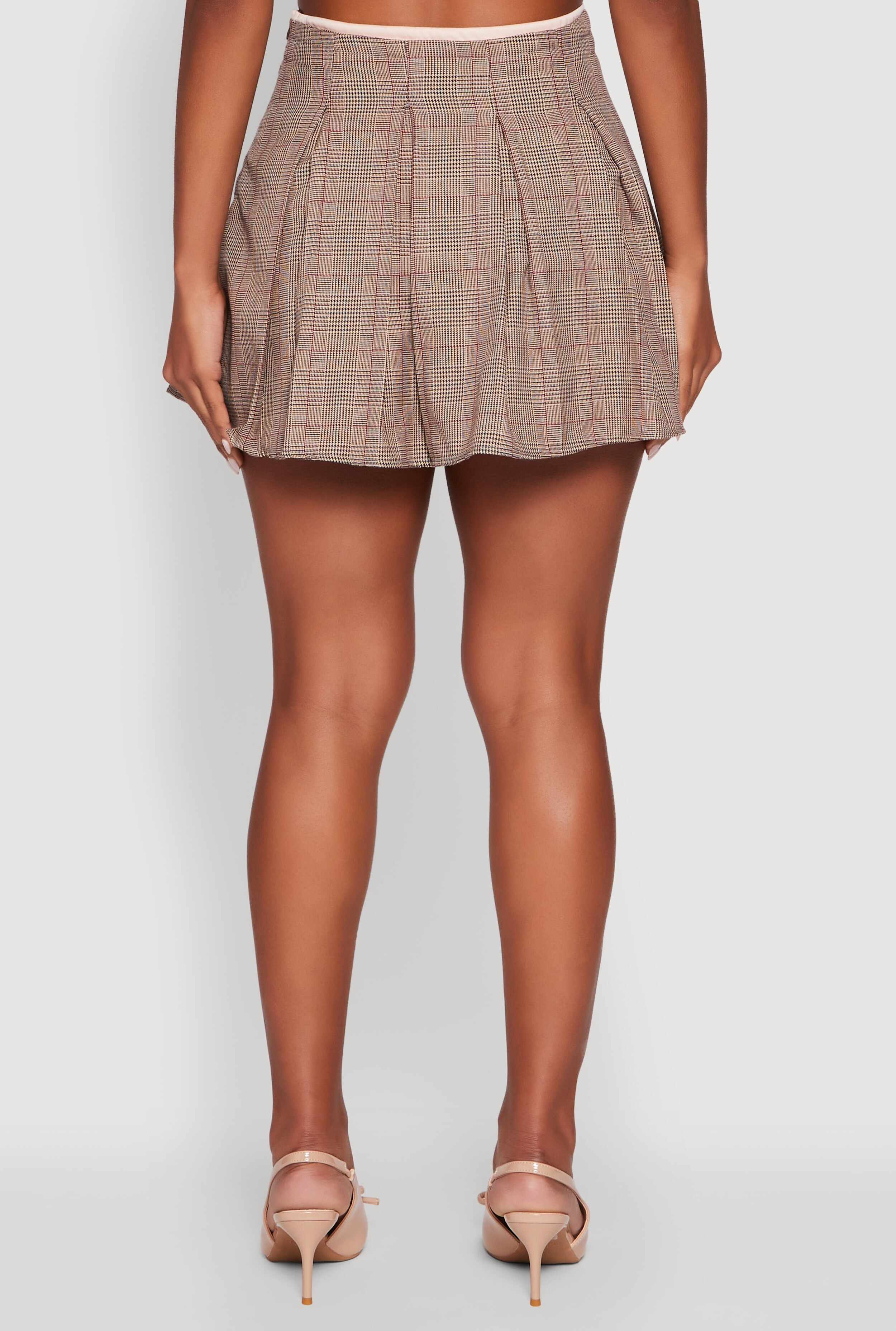 Plaid Mini Pleated Skirt with Contrast Waistband