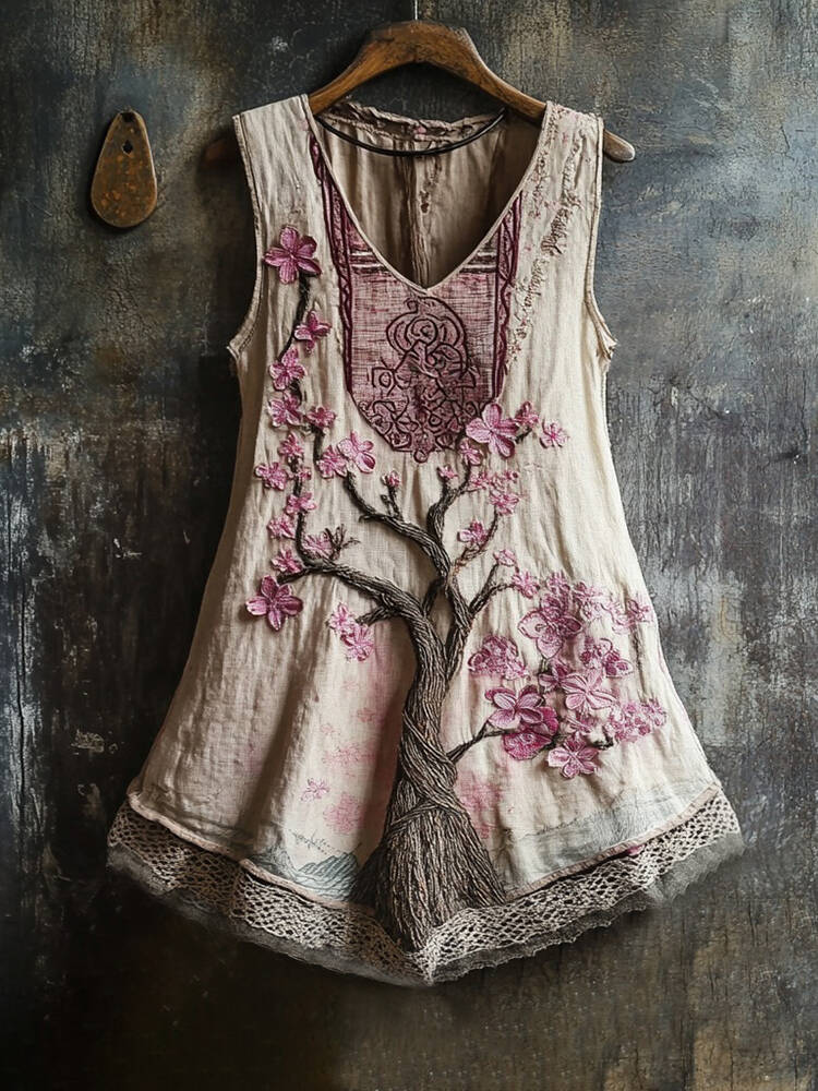 Women's Cherry Blossom Embroidery Lace Art Linen Tank